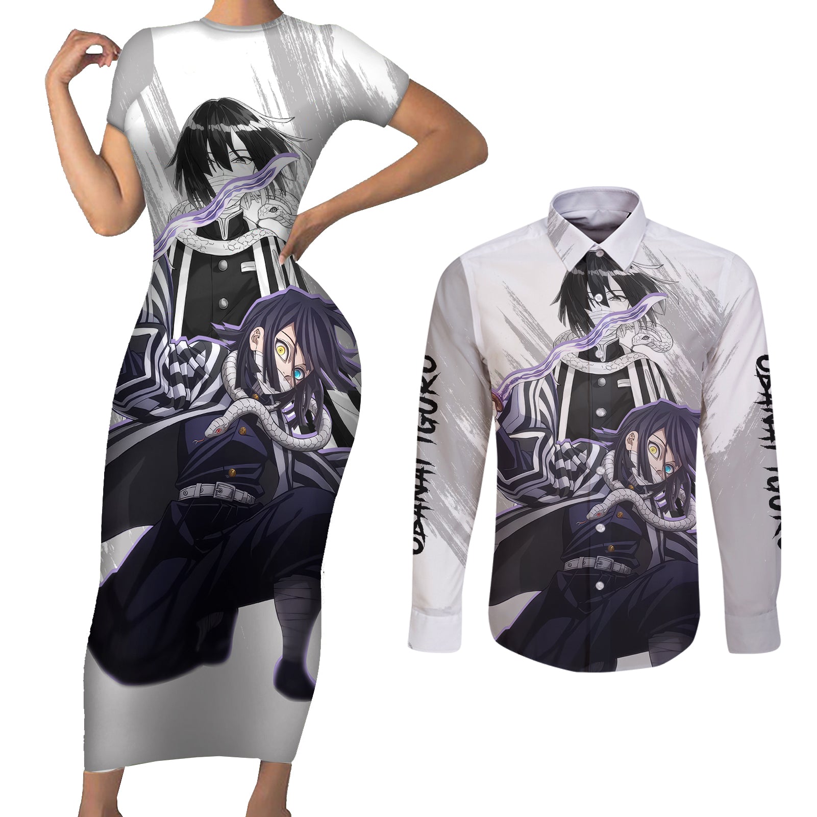 Obanai Iguro Couples Matching Short Sleeve Bodycon Dress and Long Sleeve Button Shirt Demon Slayer