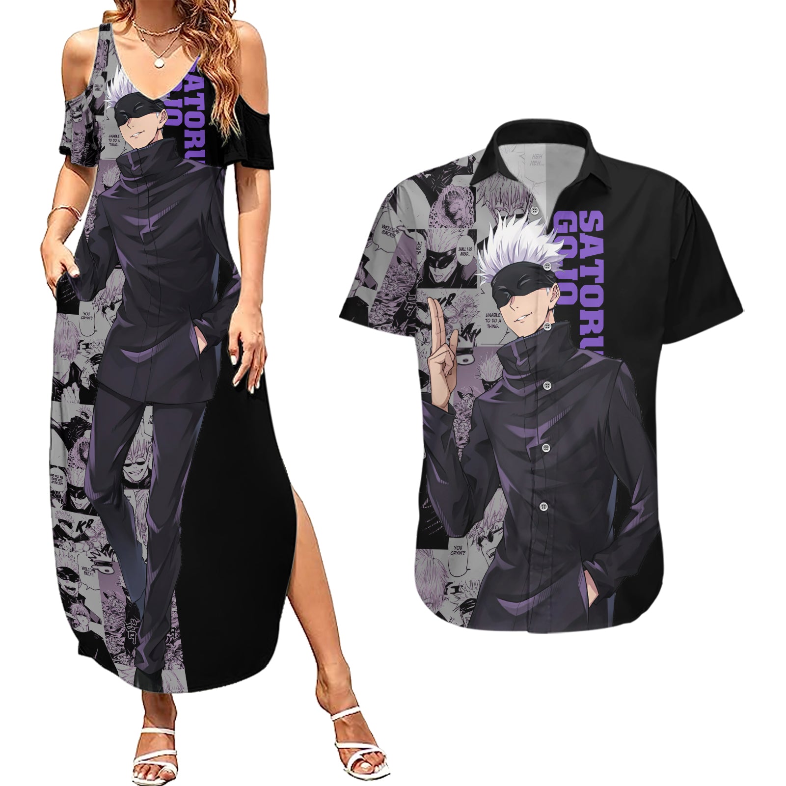 Satoru Gojo - Jujutsu Kaisen Couples Matching Summer Maxi Dress and Hawaiian Shirt Manga Style