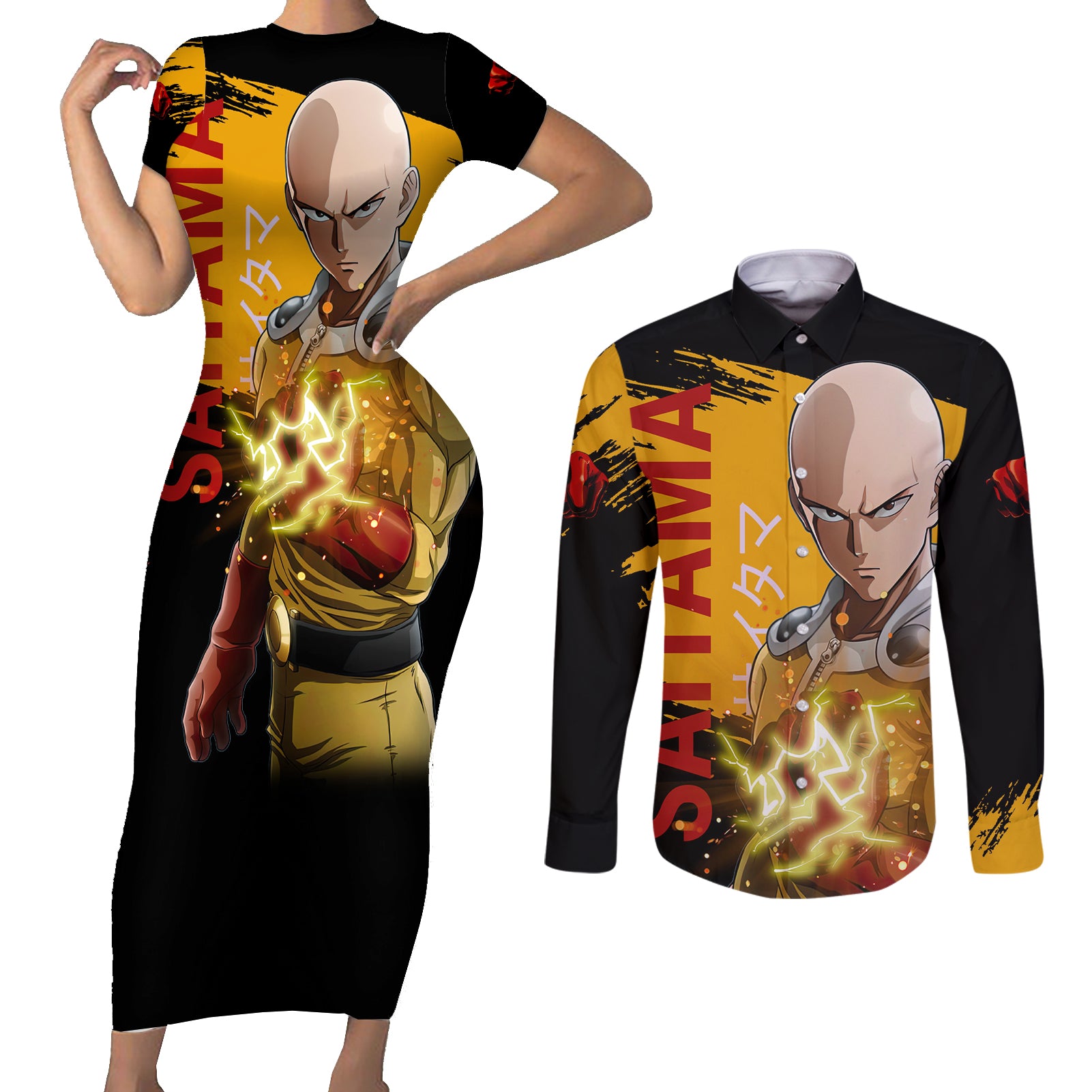 Saitama Couples Matching Short Sleeve Bodycon Dress and Long Sleeve Button Shirt Funny and Cool One Punch Man Anime