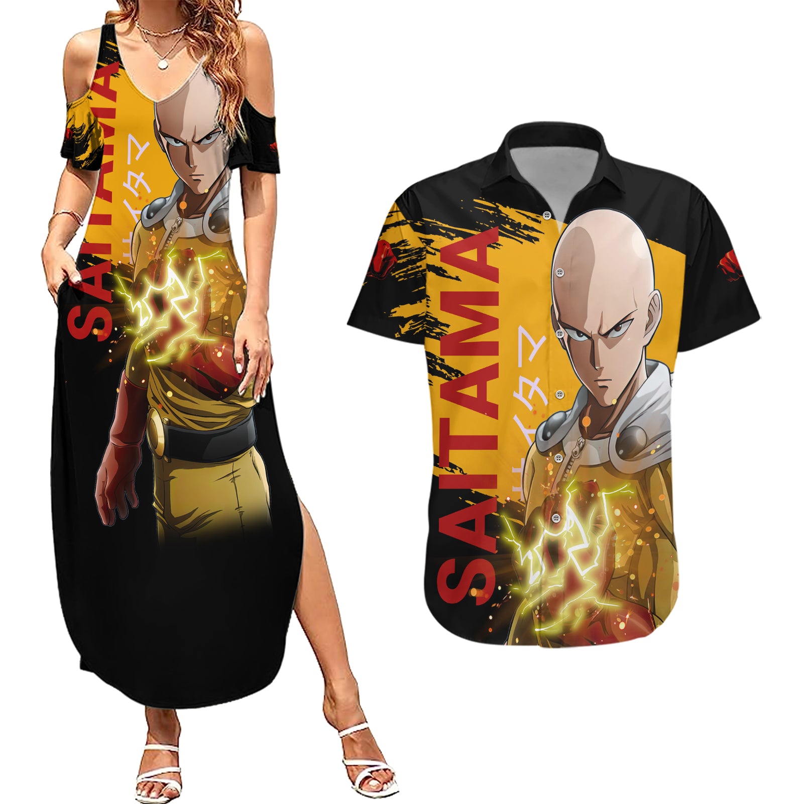 Saitama Couples Matching Summer Maxi Dress and Hawaiian Shirt Funny and Cool One Punch Man Anime