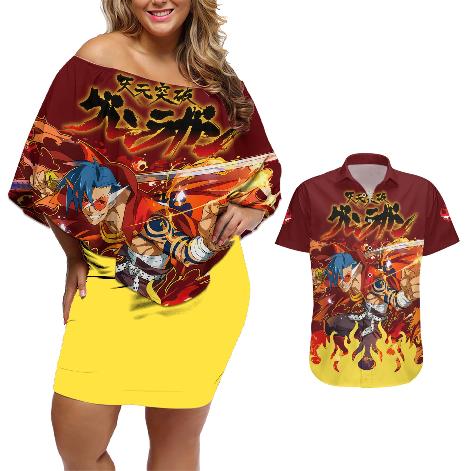 Kamina Couples Matching Off Shoulder Short Dress and Hawaiian Shirt Tengen Toppa Gurren Lagann