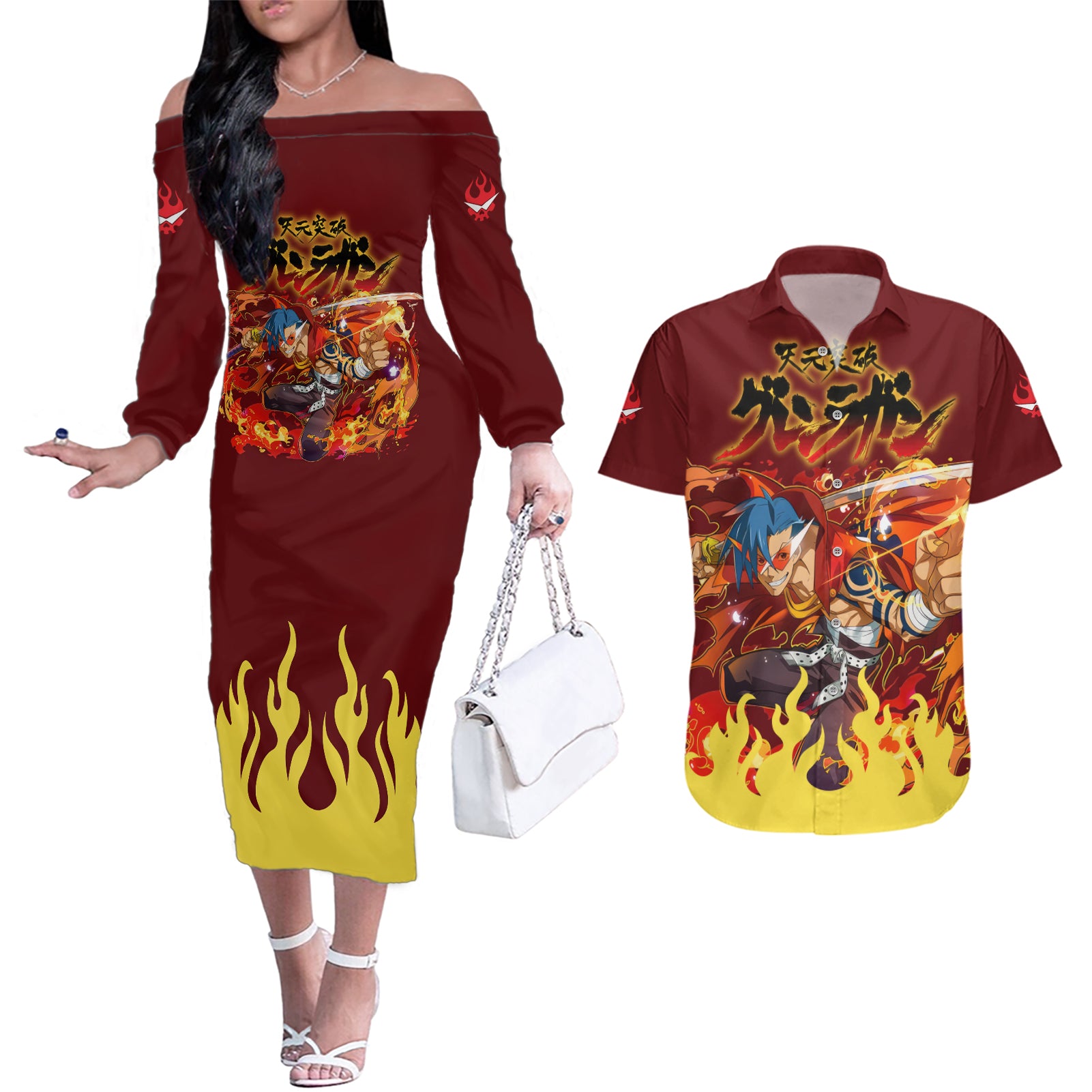 Kamina Couples Matching Off The Shoulder Long Sleeve Dress and Hawaiian Shirt Tengen Toppa Gurren Lagann