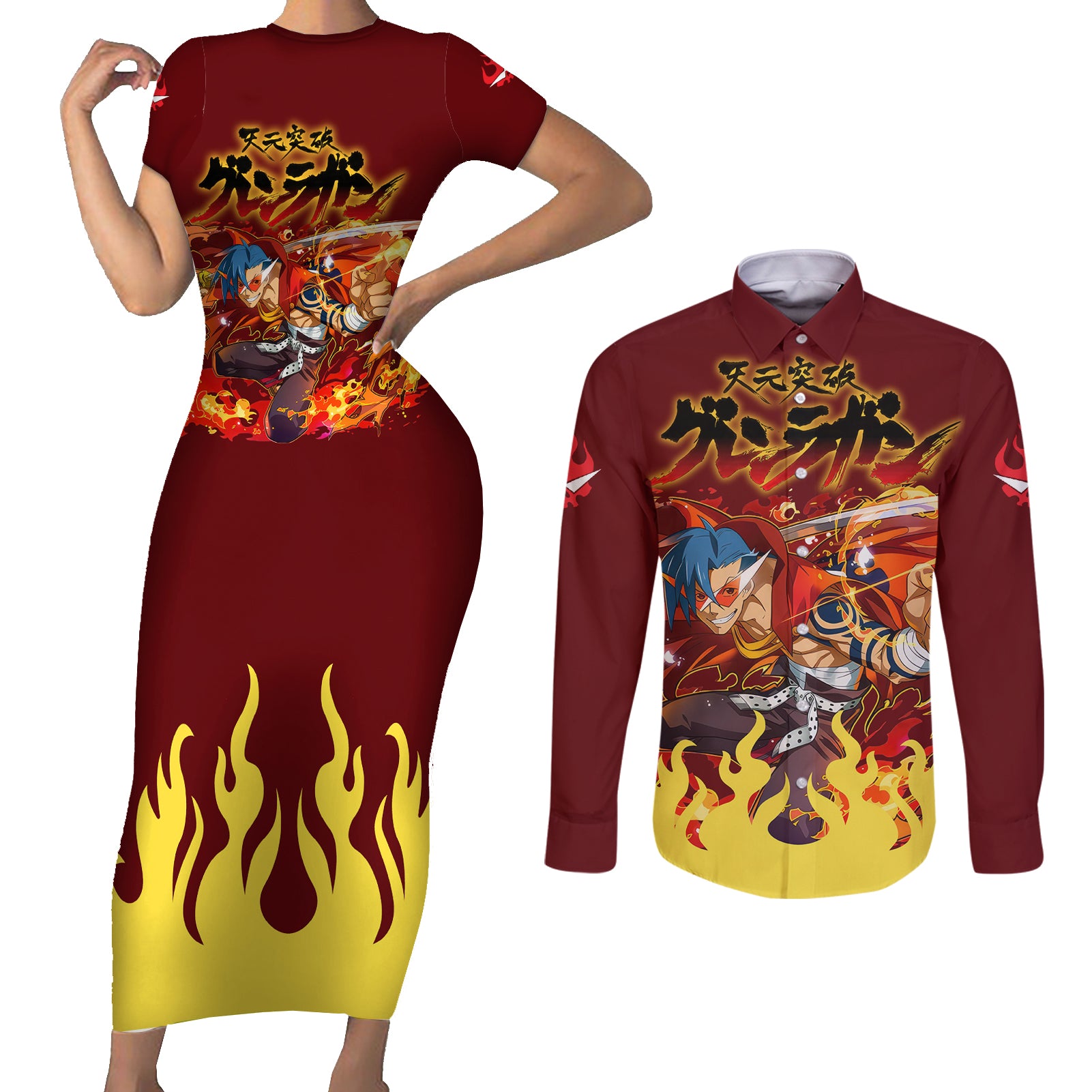 Kamina Couples Matching Short Sleeve Bodycon Dress and Long Sleeve Button Shirt Tengen Toppa Gurren Lagann