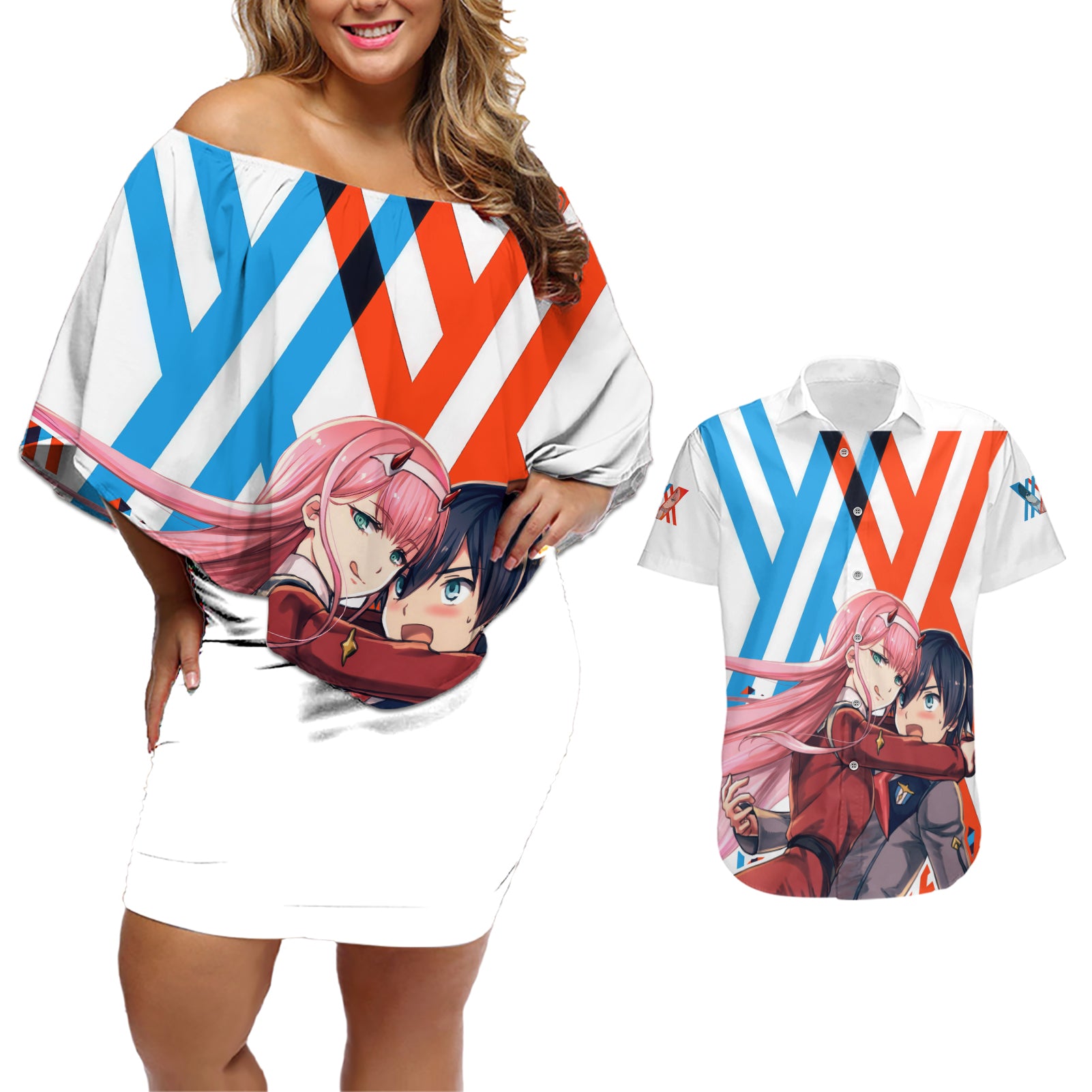 Hiro and Zero Two Strelitzia Couples Matching Off Shoulder Short Dress and Hawaiian Shirt Anime Style