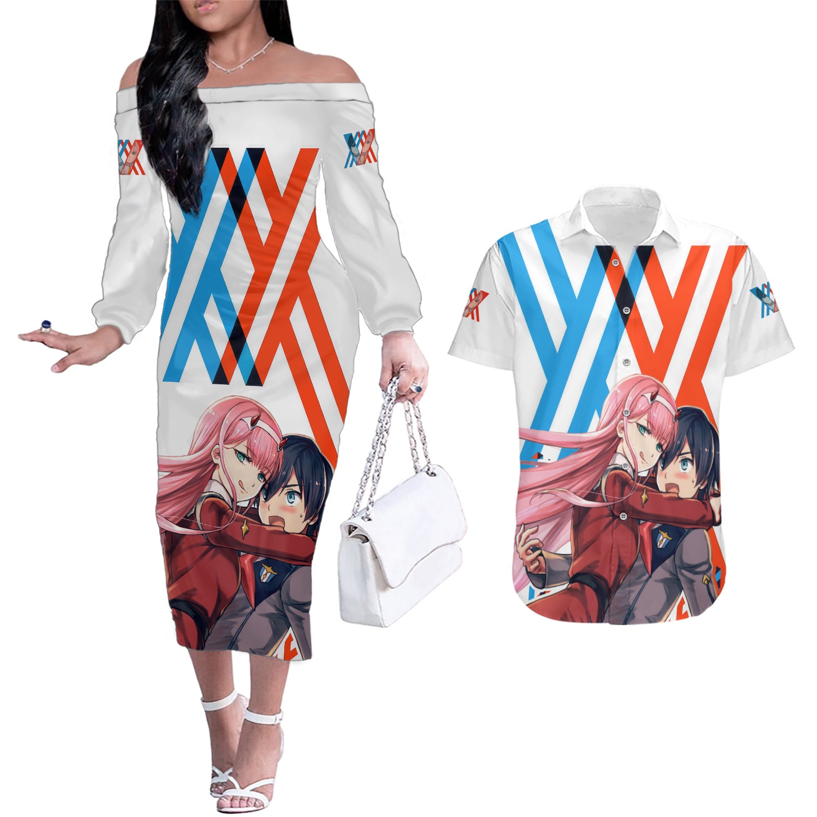 Hiro and Zero Two Strelitzia Couples Matching Off The Shoulder Long Sleeve Dress and Hawaiian Shirt Anime Style