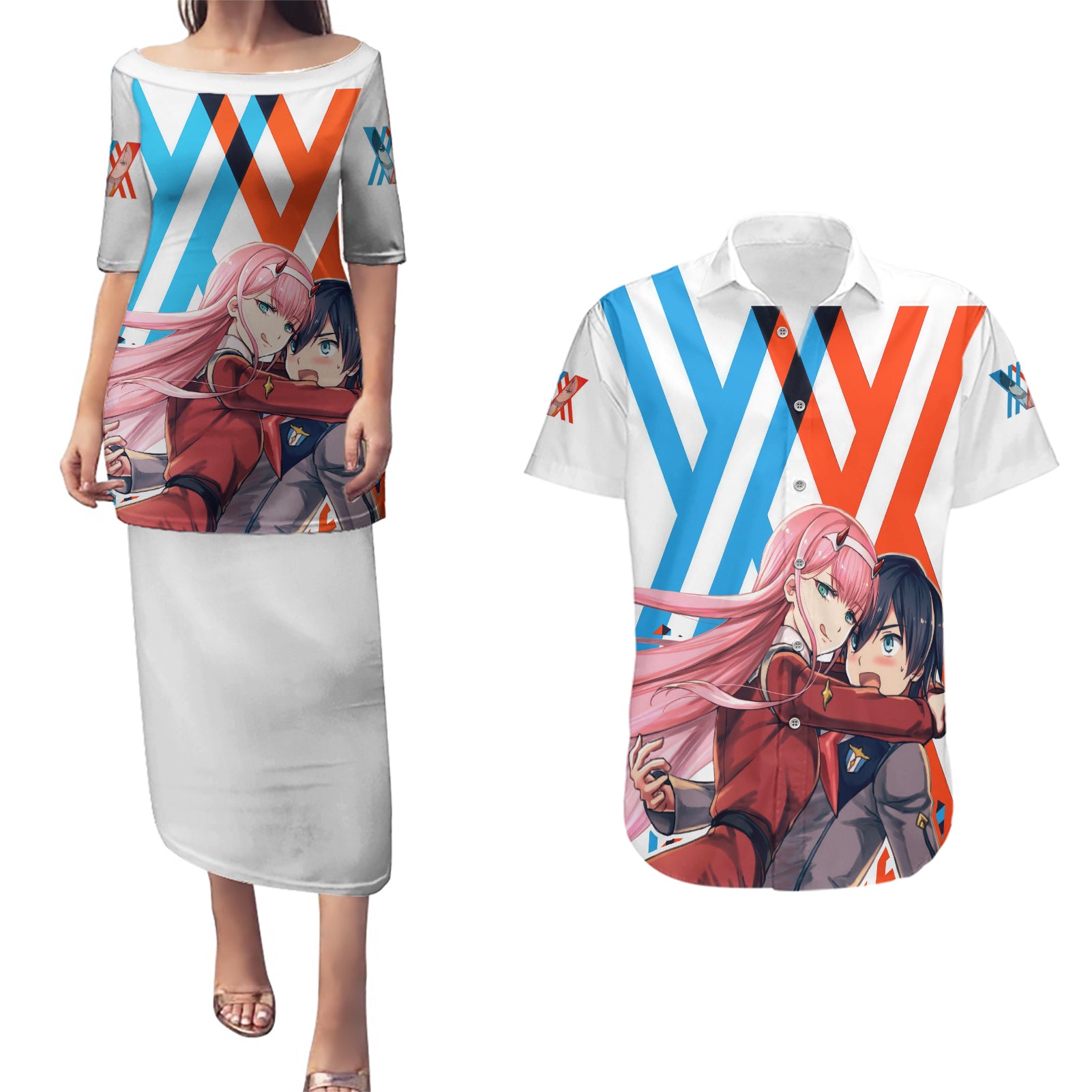 Hiro and Zero Two Strelitzia Couples Matching Puletasi and Hawaiian Shirt Anime Style