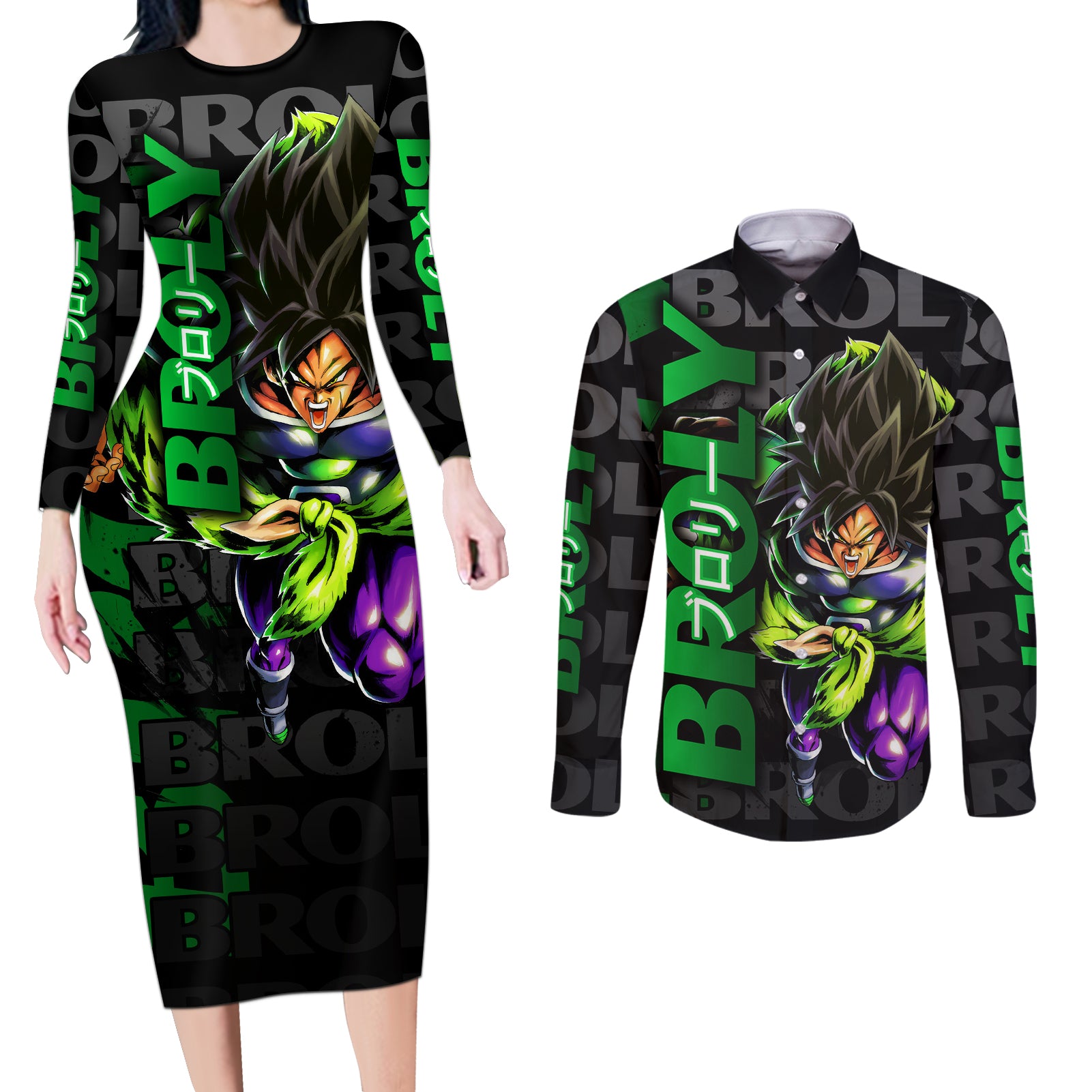 Broly - Dragon Ball Couples Matching Long Sleeve Bodycon Dress and Long Sleeve Button Shirt Anime Mix Pattern Style