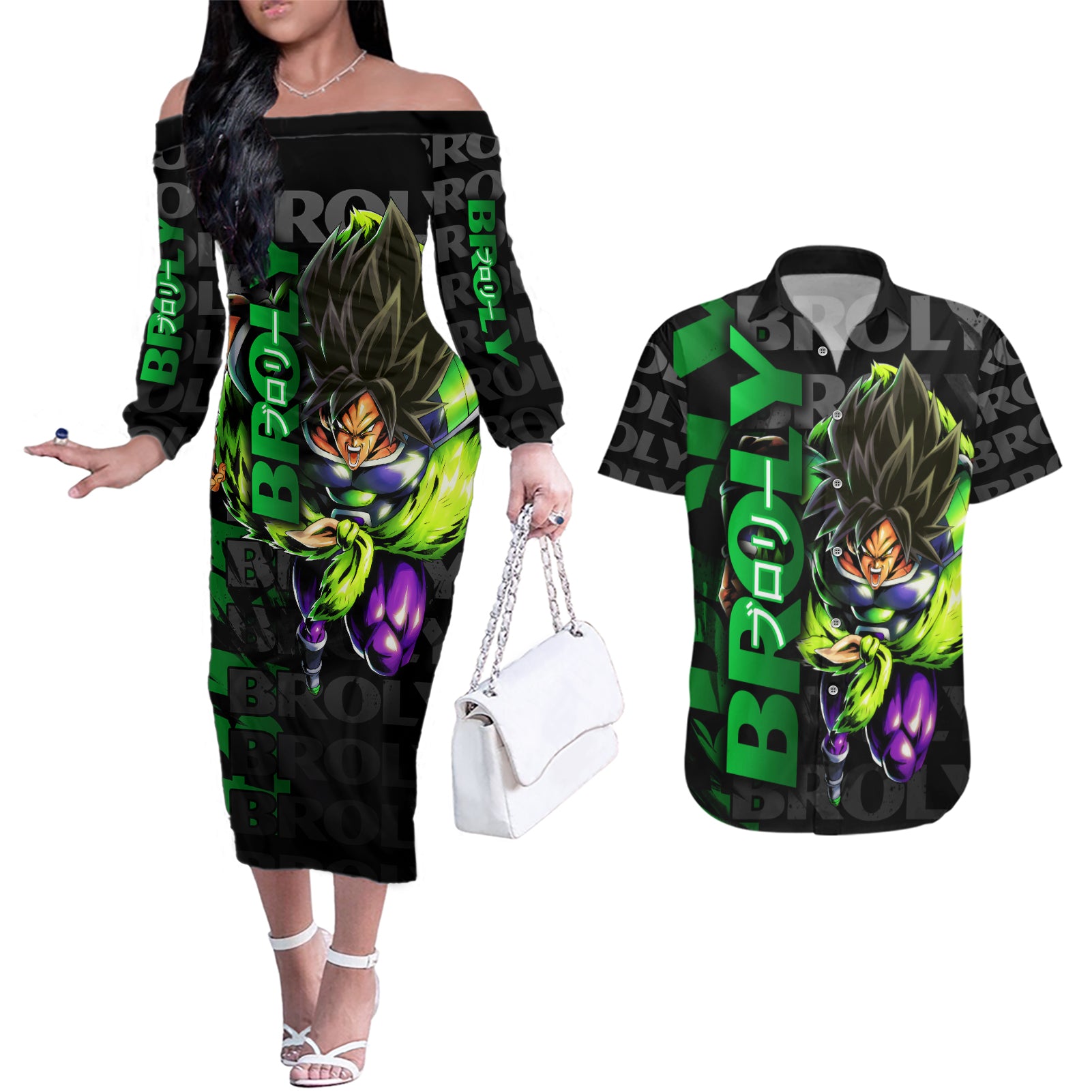 Broly - Dragon Ball Couples Matching Off The Shoulder Long Sleeve Dress and Hawaiian Shirt Anime Mix Pattern Style