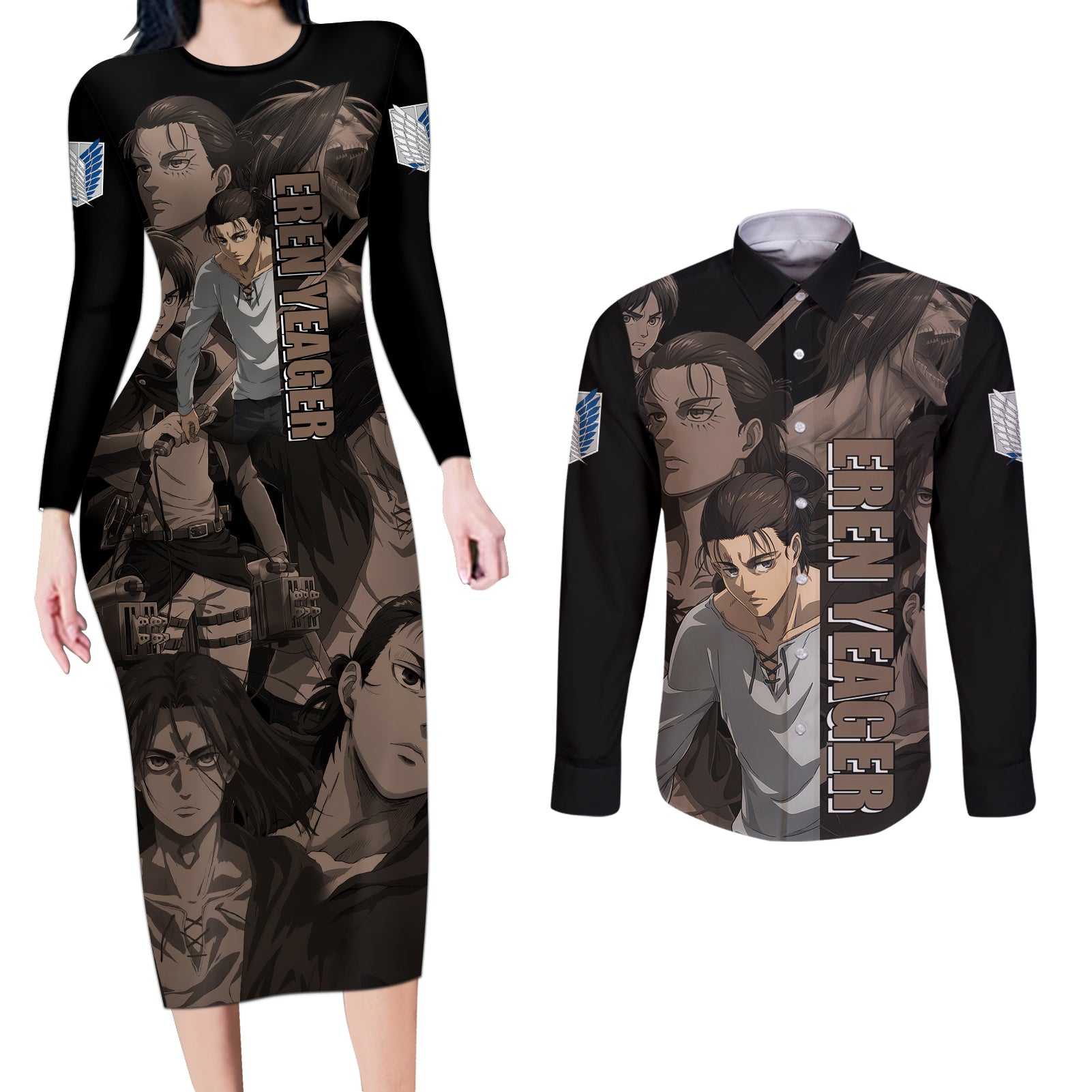 Her Eren Yeager Couples Matching Long Sleeve Bodycon Dress and Long Sleeve Button Shirt Attack On Tittan Anime Style