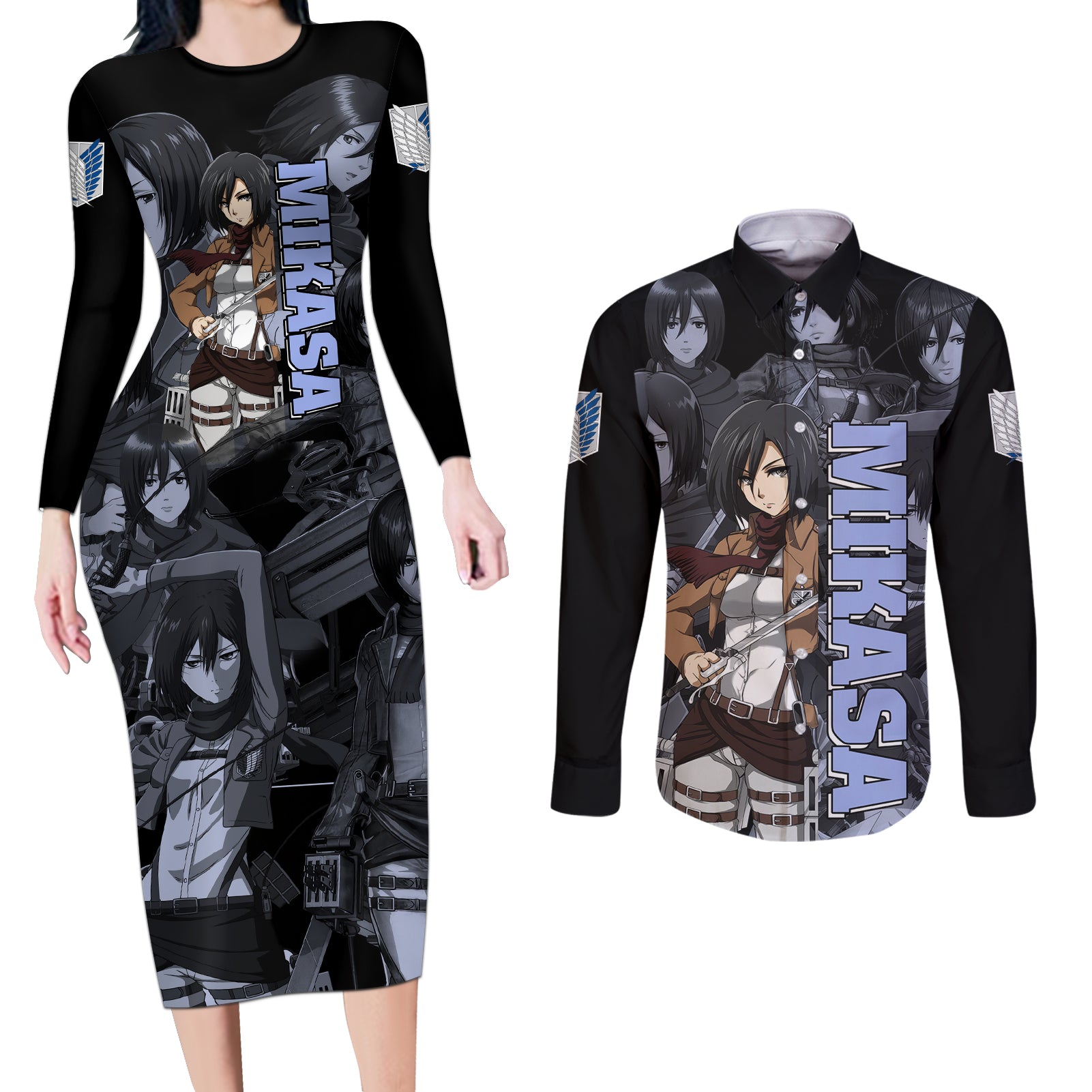 Mikasa Ackerman - Attack On Tittan Couples Matching Long Sleeve Bodycon Dress and Long Sleeve Button Shirt Anime Mix Manga Style