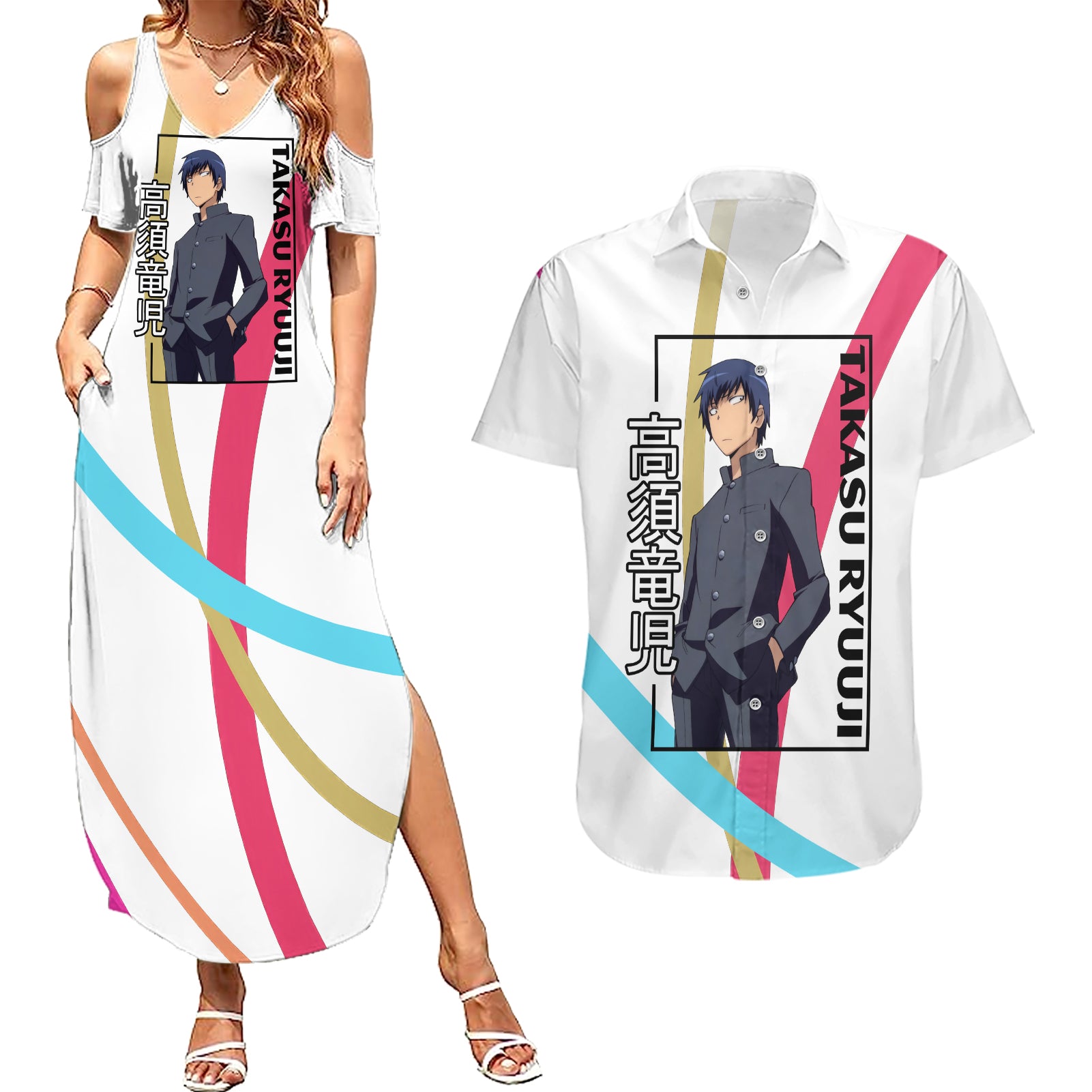 Takasu Ryuuji Couples Matching Summer Maxi Dress and Hawaiian Shirt Toradora Anime Style