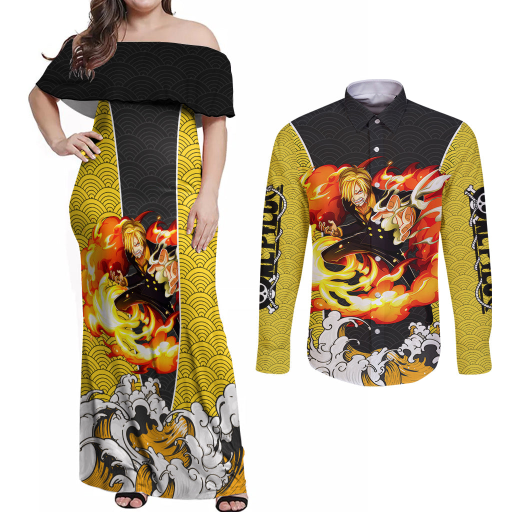 Vinsmoke Sanji - One Piece Couples Matching Off Shoulder Maxi Dress and Long Sleeve Button Shirt Anime Mix Japan Pattern Style