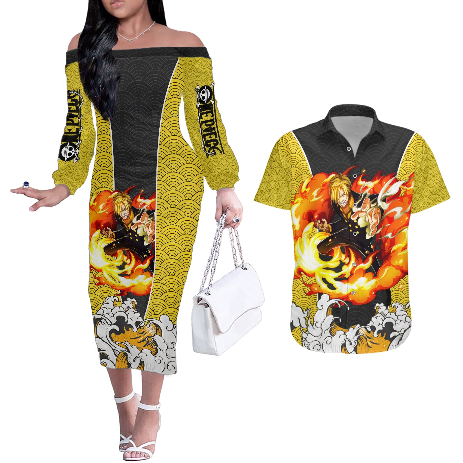 Vinsmoke Sanji - One Piece Couples Matching Off The Shoulder Long Sleeve Dress and Hawaiian Shirt Anime Mix Japan Pattern Style