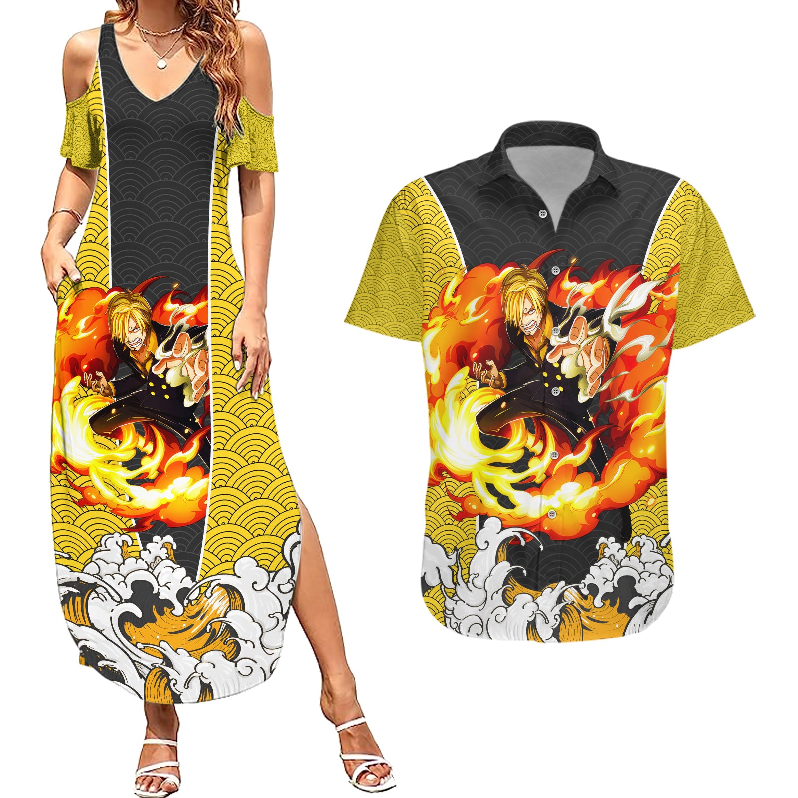 Vinsmoke Sanji - One Piece Couples Matching Summer Maxi Dress and Hawaiian Shirt Anime Mix Japan Pattern Style