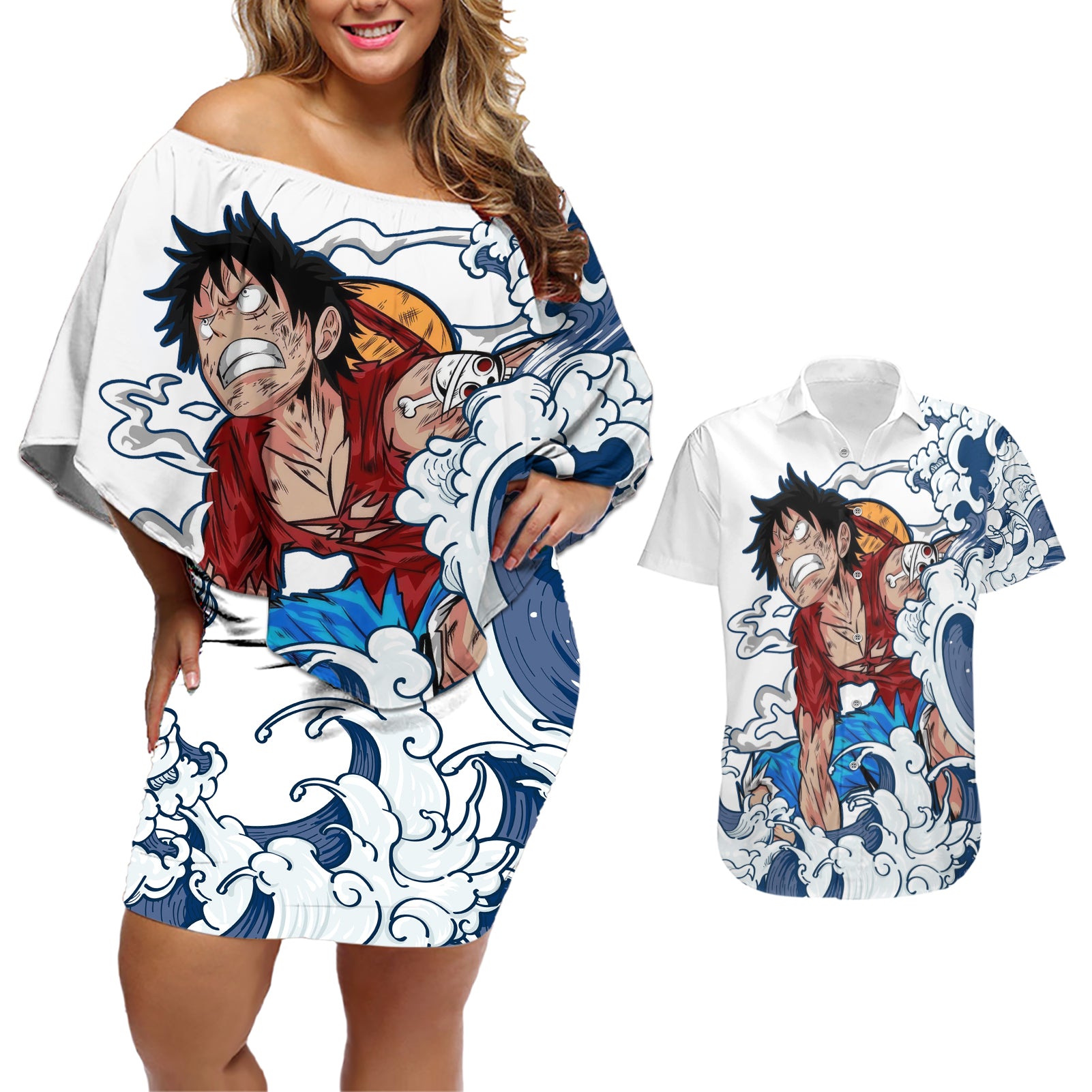 Luffy - One Piece Couples Matching Off Shoulder Short Dress and Hawaiian Shirt Anime Mix Japan Pattern Style