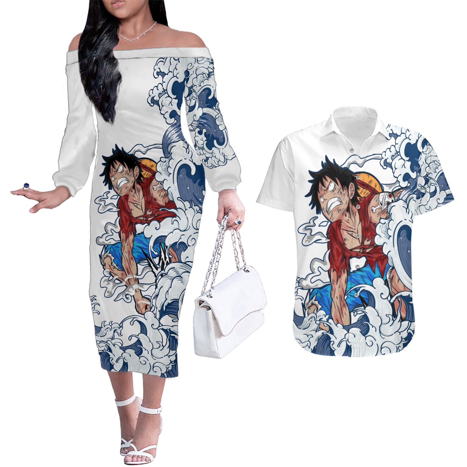 Luffy - One Piece Couples Matching Off The Shoulder Long Sleeve Dress and Hawaiian Shirt Anime Mix Japan Pattern Style