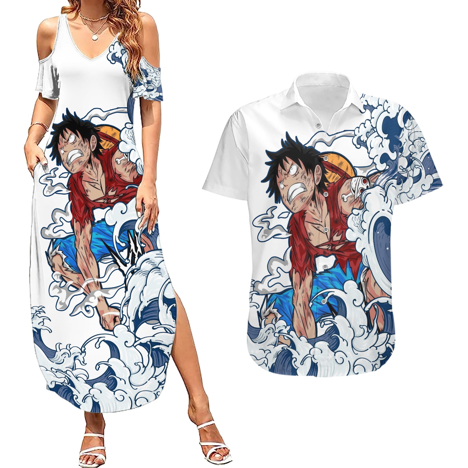 Luffy - One Piece Couples Matching Summer Maxi Dress and Hawaiian Shirt Anime Mix Japan Pattern Style