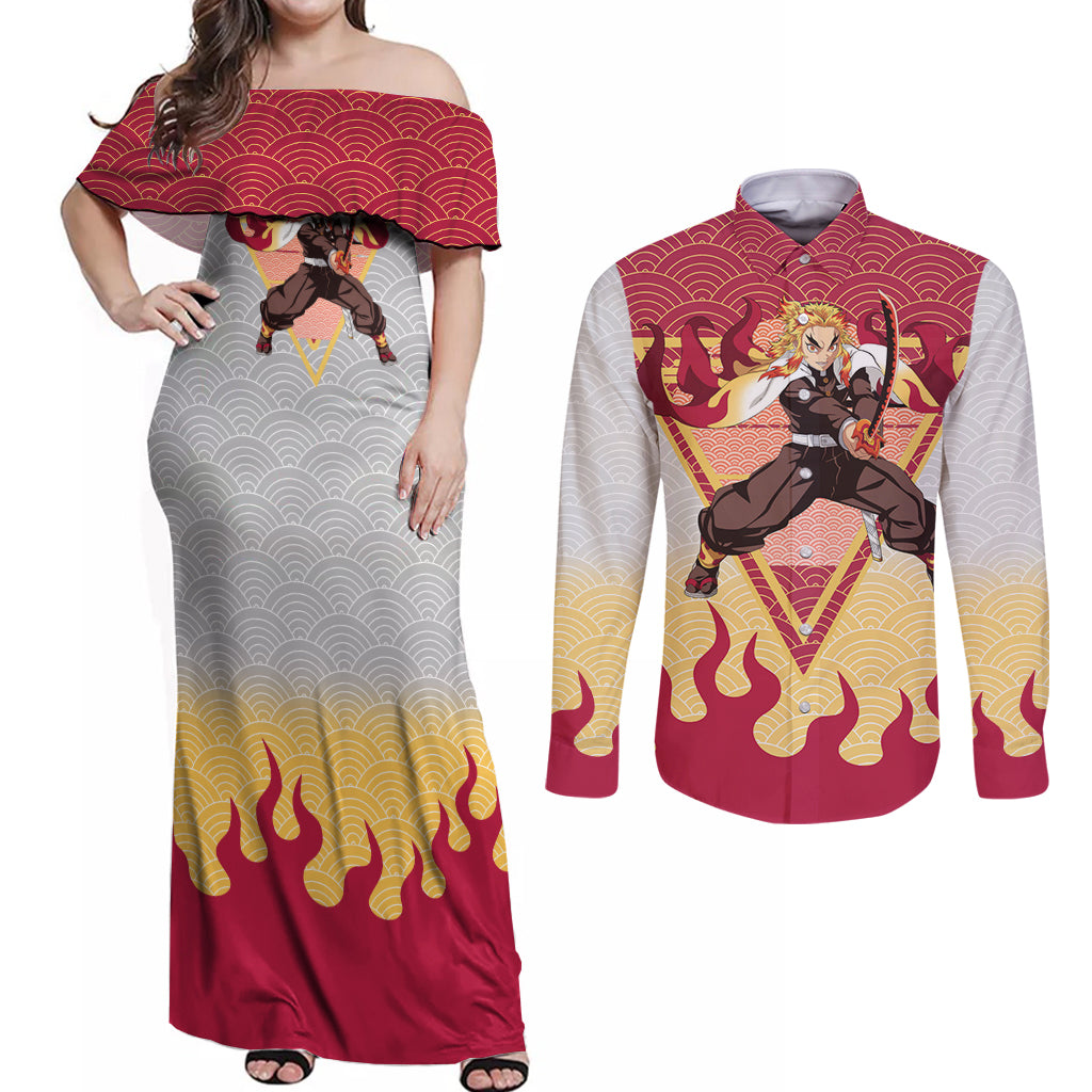 Rengoku Kyoujurou-Demon Slayer Couples Matching Off Shoulder Maxi Dress and Long Sleeve Button Shirt Anime Mix Japan Pattern Style