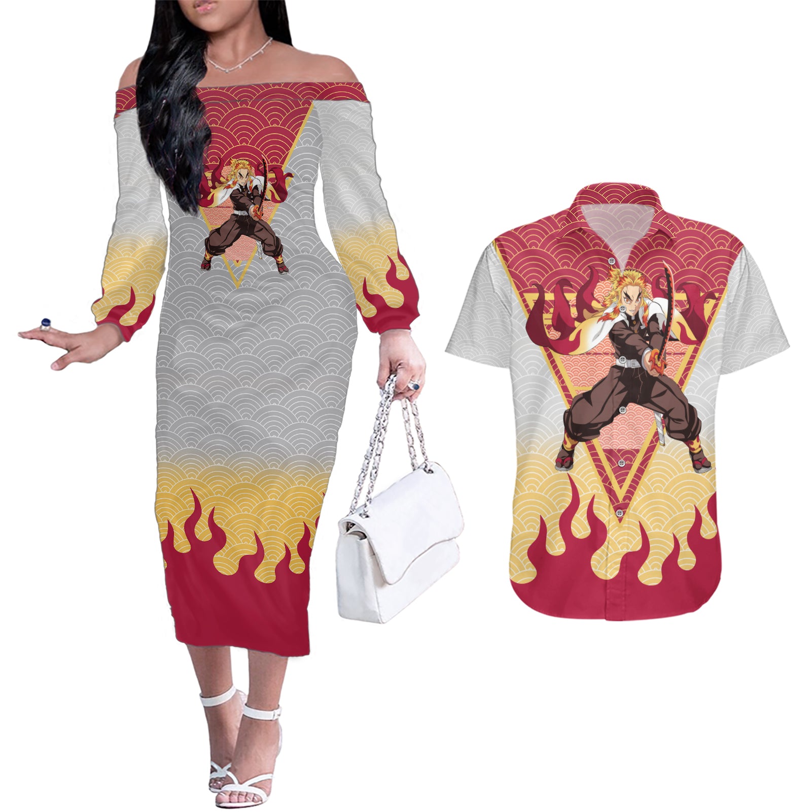 Rengoku Kyoujurou-Demon Slayer Couples Matching Off The Shoulder Long Sleeve Dress and Hawaiian Shirt Anime Mix Japan Pattern Style