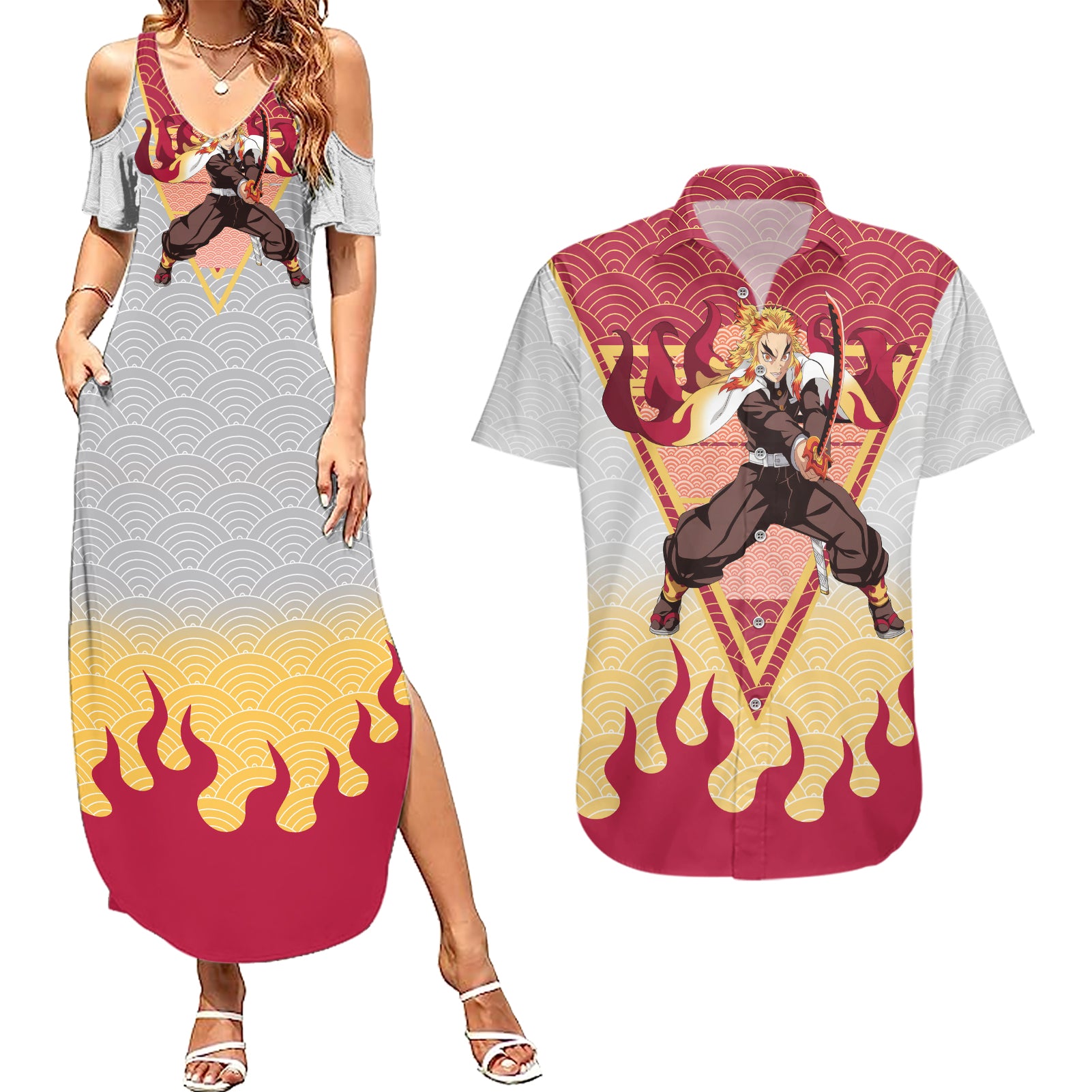 Rengoku Kyoujurou-Demon Slayer Couples Matching Summer Maxi Dress and Hawaiian Shirt Anime Mix Japan Pattern Style