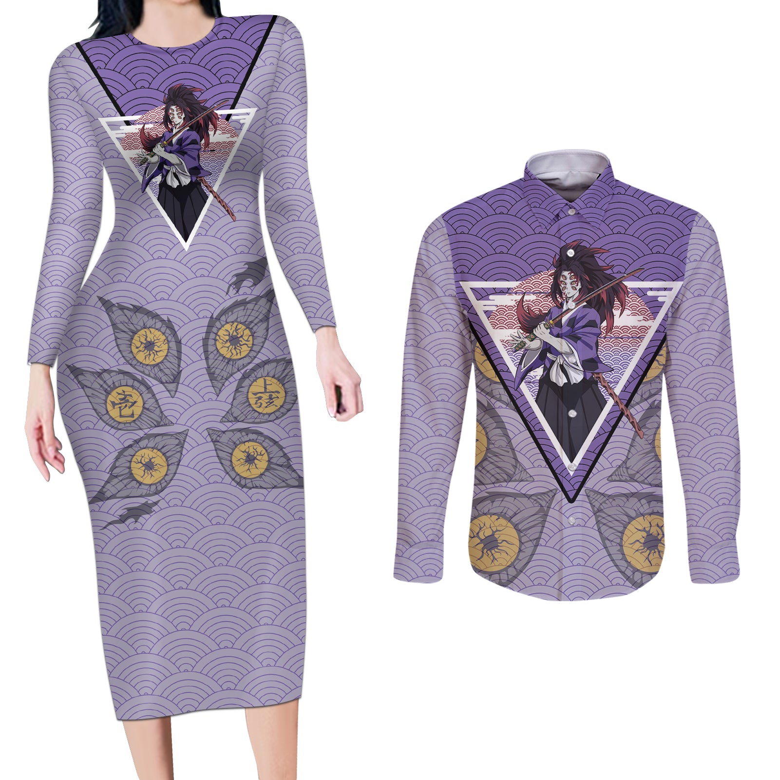 Kokushibo - Demons Slayer Couples Matching Long Sleeve Bodycon Dress and Long Sleeve Button Shirt Anime Mix Japan Pattern Style