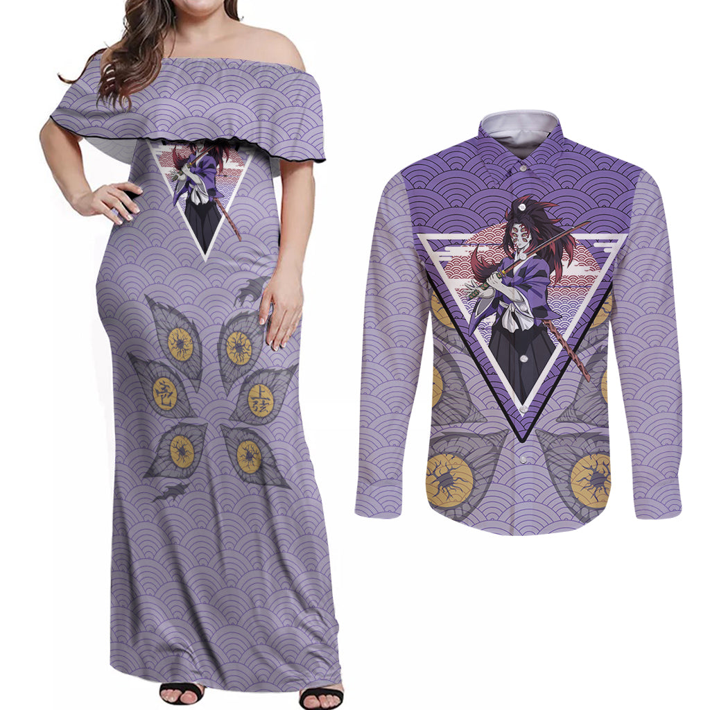 Kokushibo - Demons Slayer Couples Matching Off Shoulder Maxi Dress and Long Sleeve Button Shirt Anime Mix Japan Pattern Style