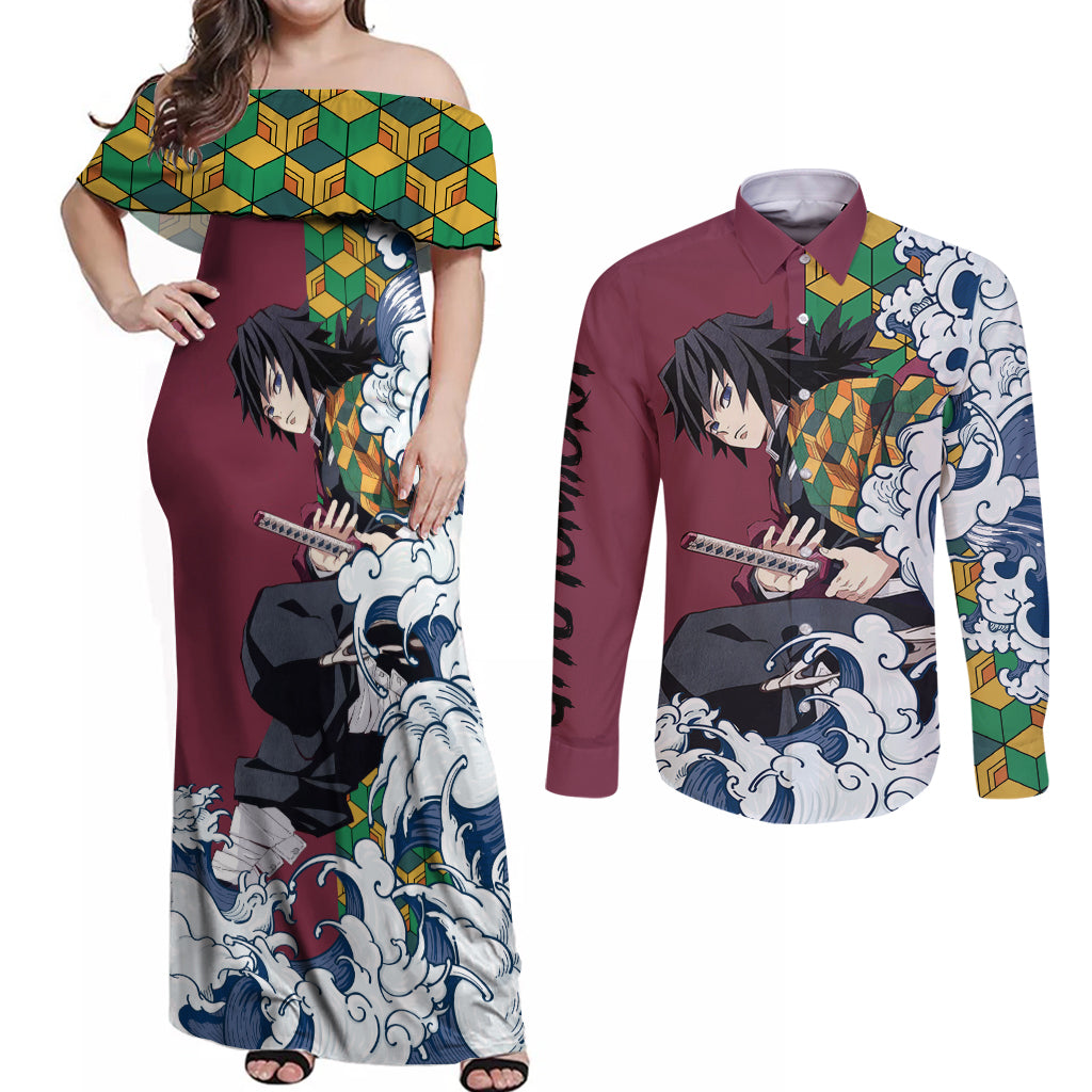 Giyu Tomioka - Demons Slayer Couples Matching Off Shoulder Maxi Dress and Long Sleeve Button Shirt Anime Mix Japan Pattern Style