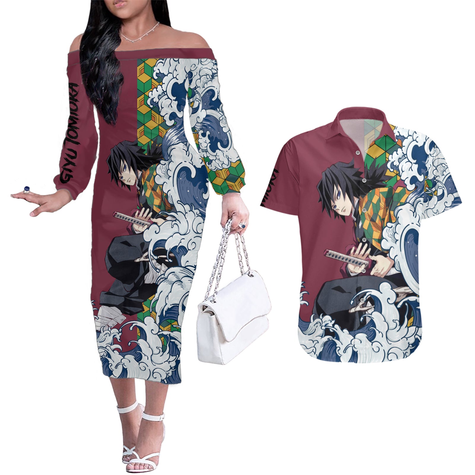 Giyu Tomioka - Demons Slayer Couples Matching Off The Shoulder Long Sleeve Dress and Hawaiian Shirt Anime Mix Japan Pattern Style