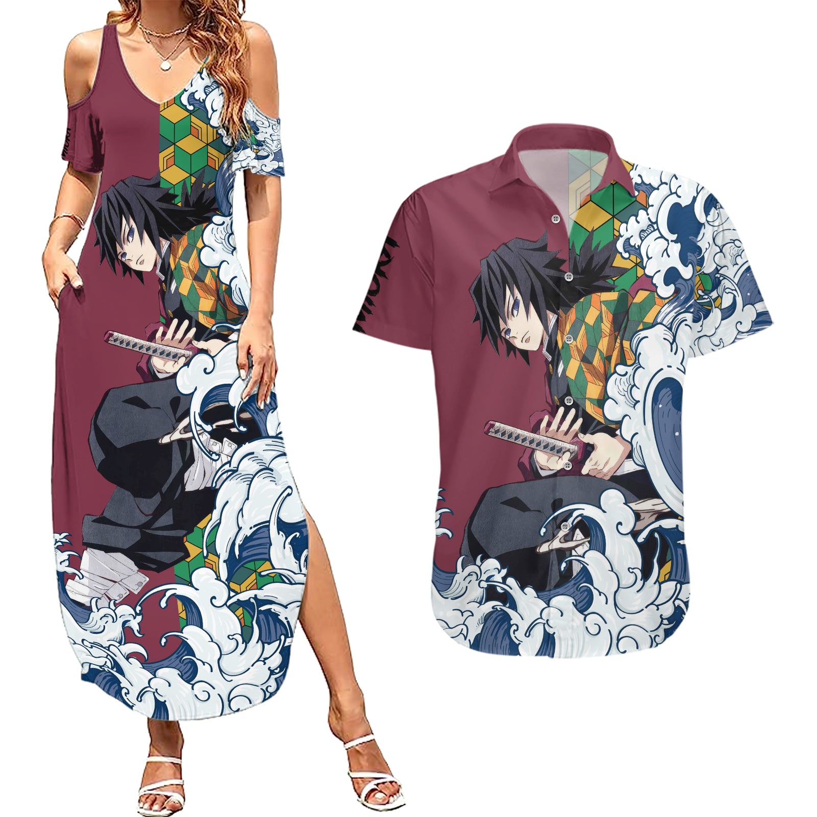 Giyu Tomioka - Demons Slayer Couples Matching Summer Maxi Dress and Hawaiian Shirt Anime Mix Japan Pattern Style