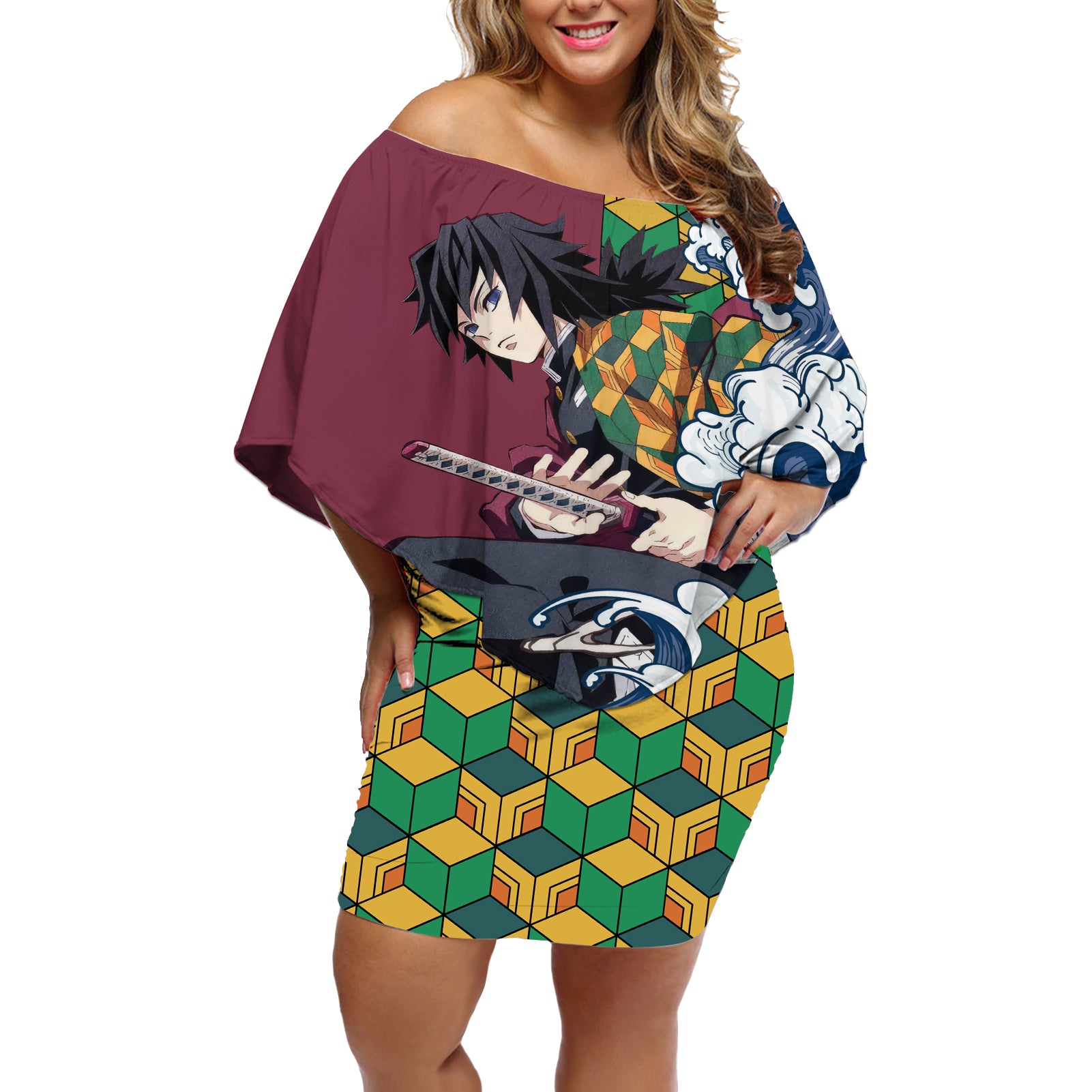 Giyu Tomioka - Demons Slayer Off Shoulder Short Dress Anime Mix Japan Pattern Style