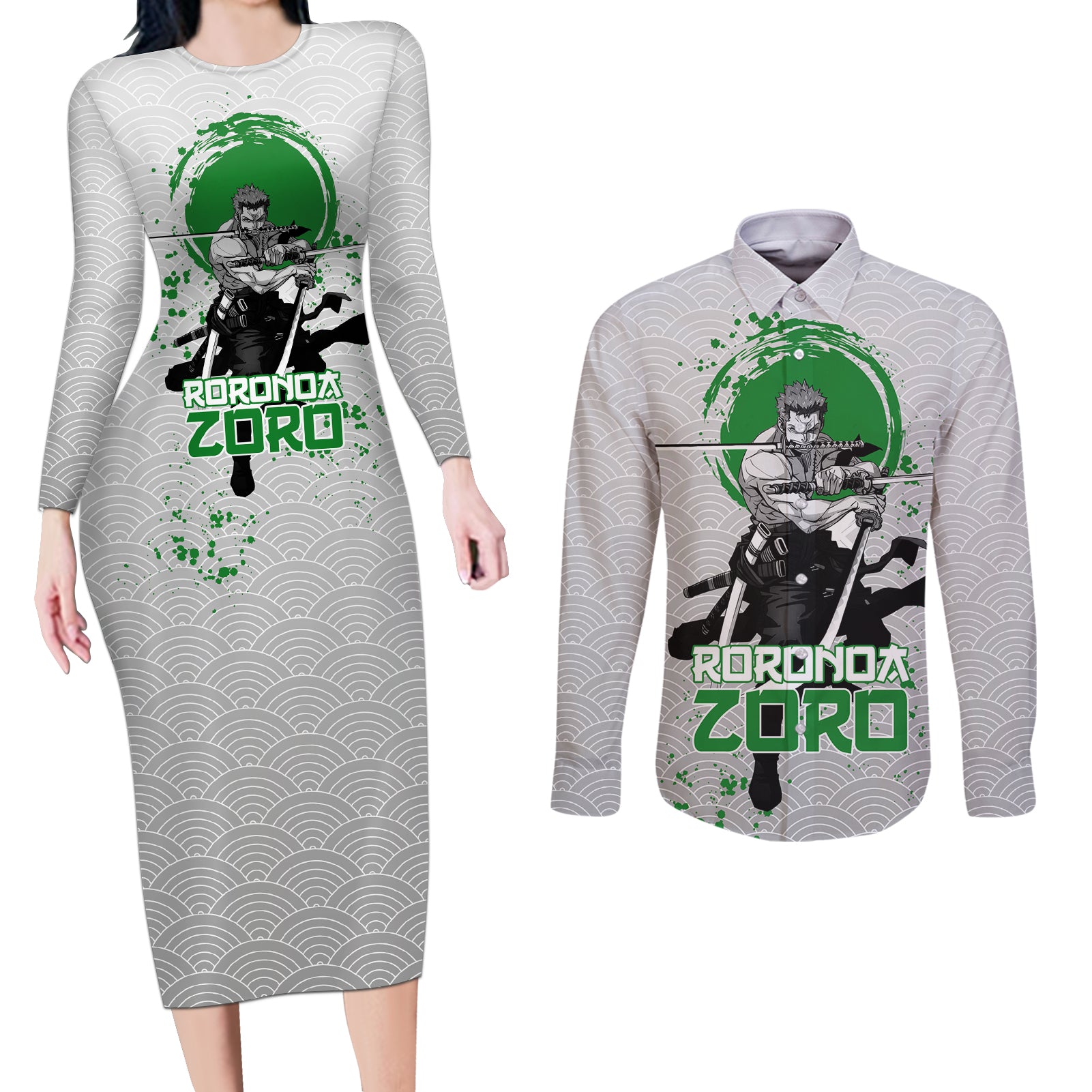 Roronoa Zoro - One Piece Couples Matching Long Sleeve Bodycon Dress and Long Sleeve Button Shirt Anime Mix Japan Pattern Style