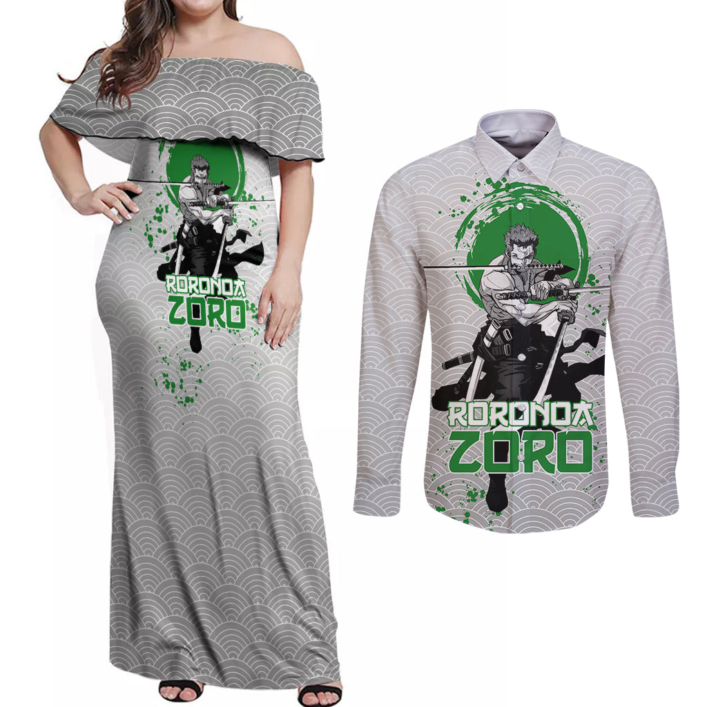 Roronoa Zoro - One Piece Couples Matching Off Shoulder Maxi Dress and Long Sleeve Button Shirt Anime Mix Japan Pattern Style