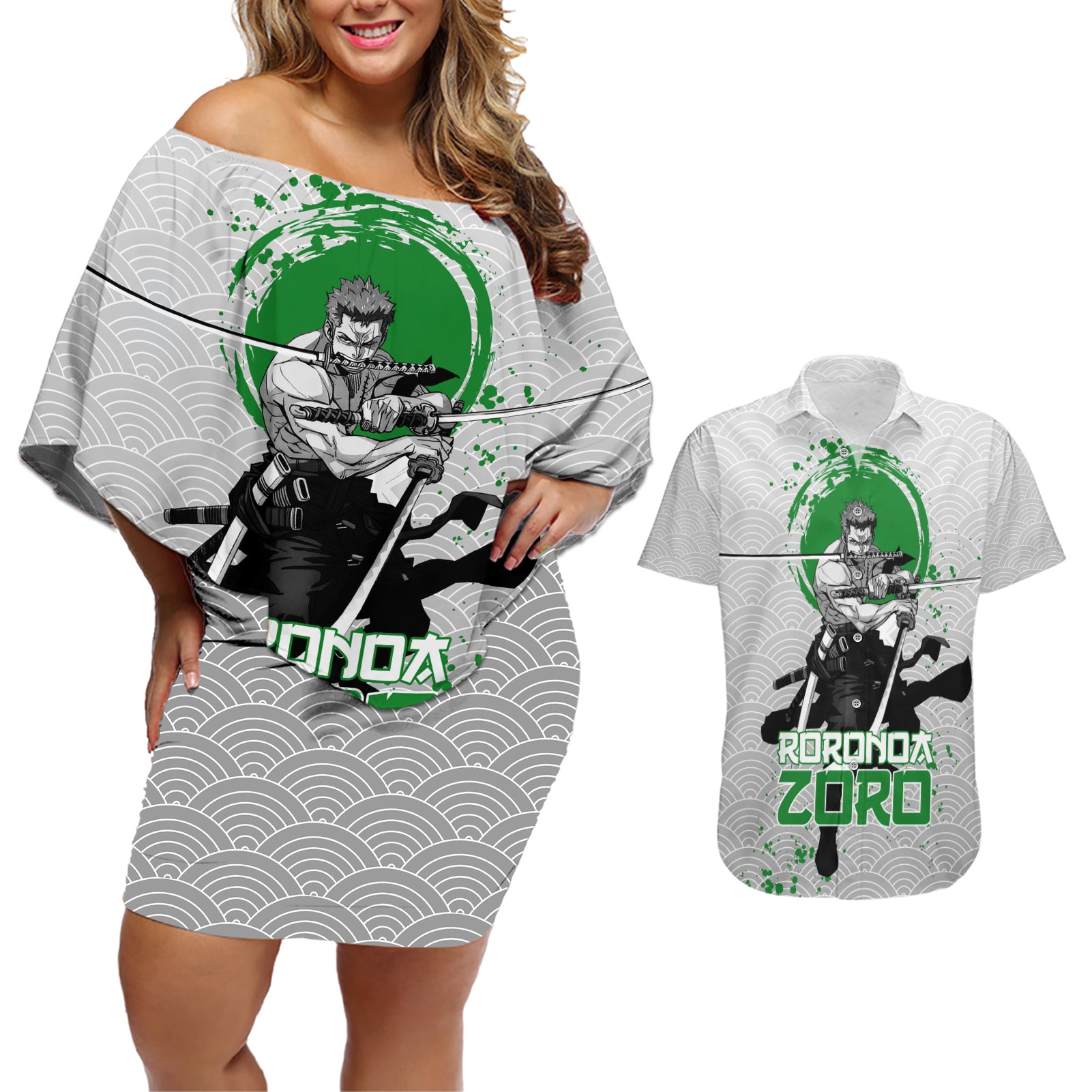 Roronoa Zoro - One Piece Couples Matching Off Shoulder Short Dress and Hawaiian Shirt Anime Mix Japan Pattern Style