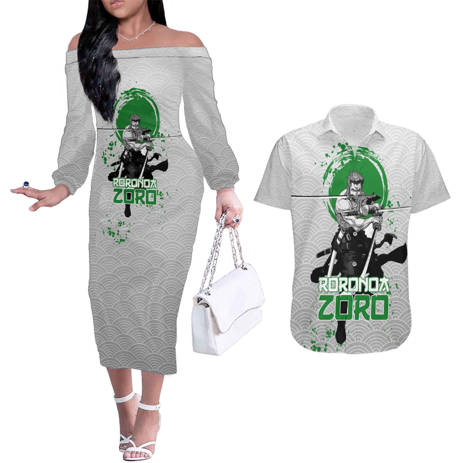 Roronoa Zoro - One Piece Couples Matching Off The Shoulder Long Sleeve Dress and Hawaiian Shirt Anime Mix Japan Pattern Style