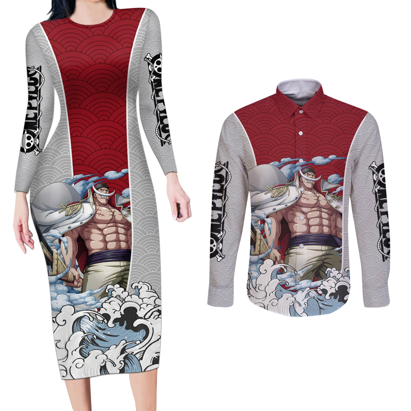 Edward Newgate - One Piece Couples Matching Long Sleeve Bodycon Dress and Long Sleeve Button Shirt Anime Mix Japan Pattern Style