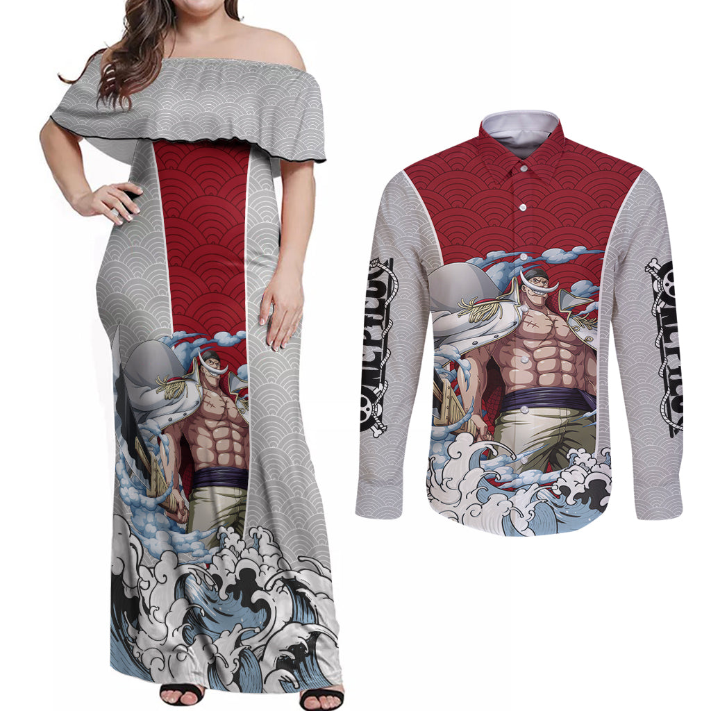 Edward Newgate - One Piece Couples Matching Off Shoulder Maxi Dress and Long Sleeve Button Shirt Anime Mix Japan Pattern Style