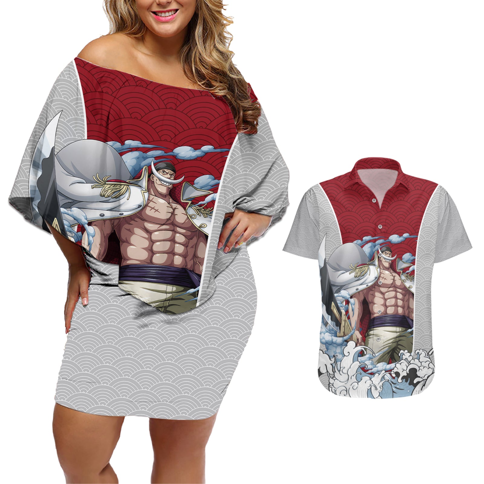 Edward Newgate - One Piece Couples Matching Off Shoulder Short Dress and Hawaiian Shirt Anime Mix Japan Pattern Style