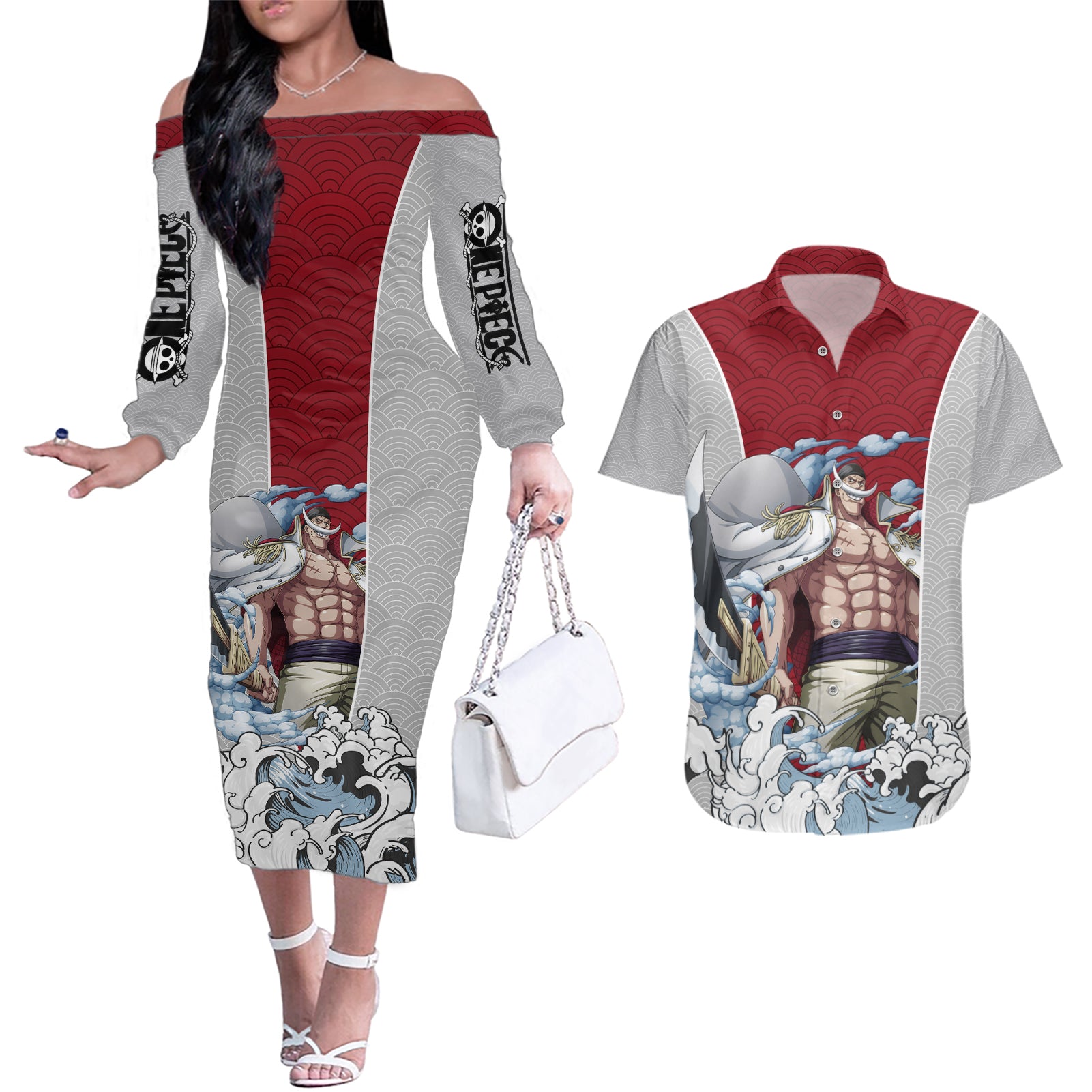 Edward Newgate - One Piece Couples Matching Off The Shoulder Long Sleeve Dress and Hawaiian Shirt Anime Mix Japan Pattern Style