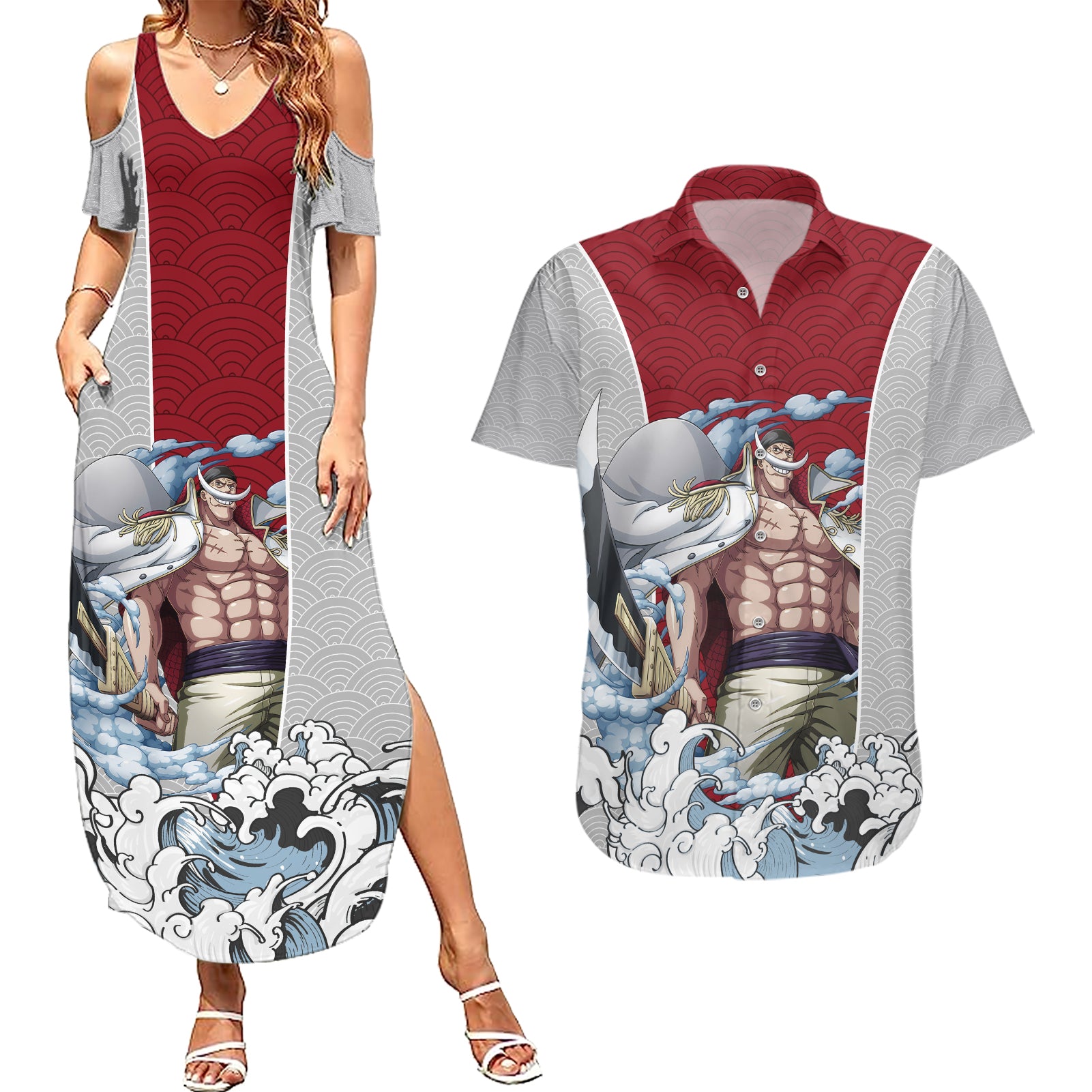 Edward Newgate - One Piece Couples Matching Summer Maxi Dress and Hawaiian Shirt Anime Mix Japan Pattern Style