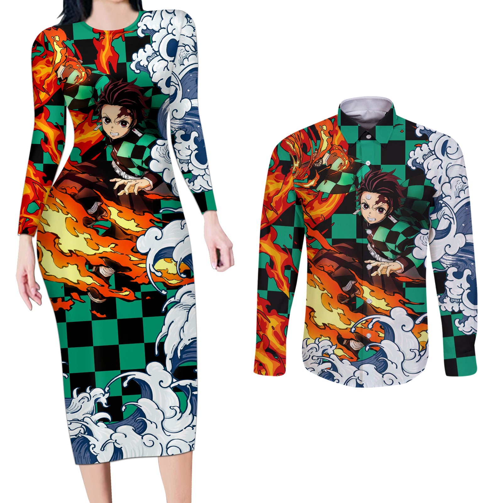 Tanjiro - Demon Slayer Couples Matching Long Sleeve Bodycon Dress and Long Sleeve Button Shirt Anime Mix Japan Pattern Style