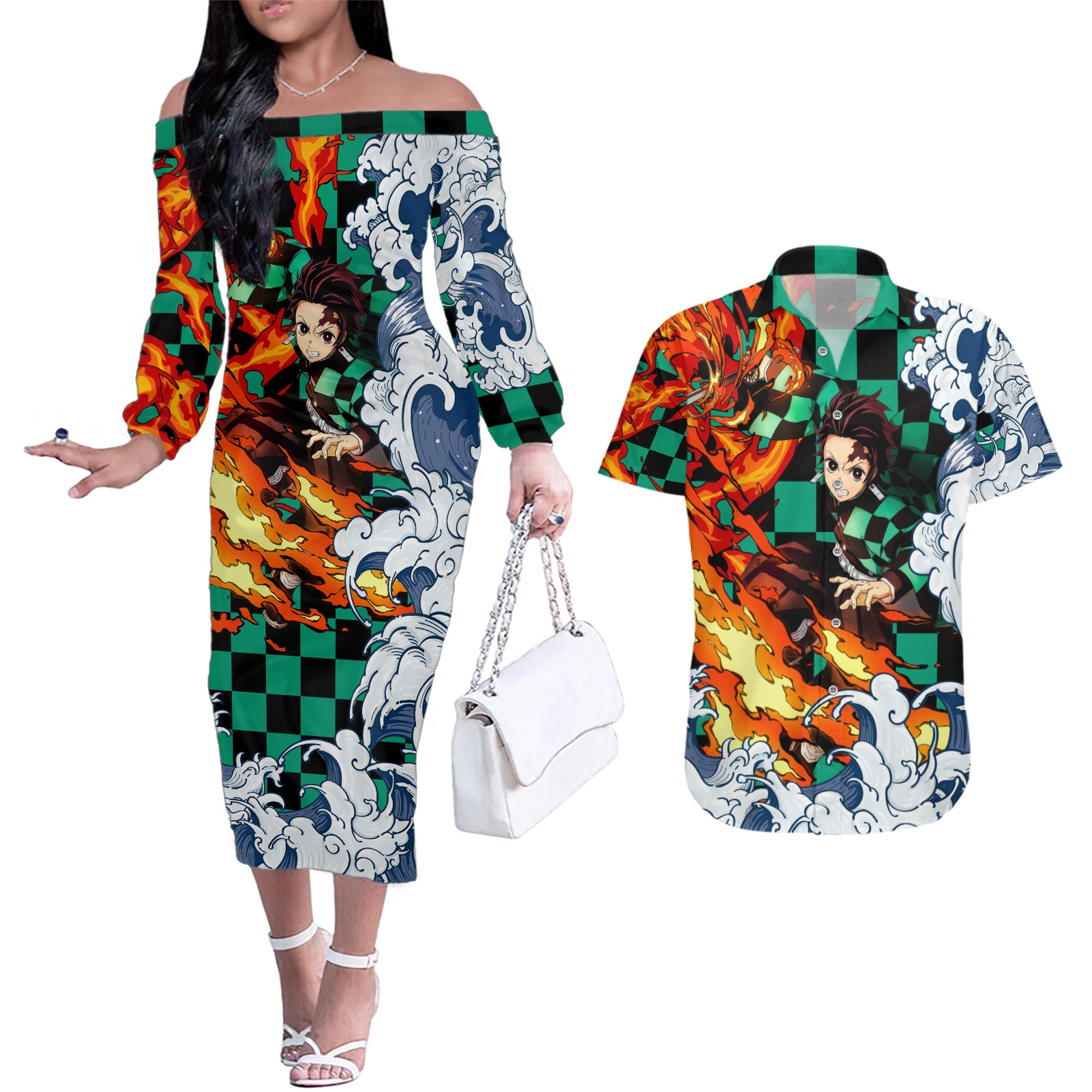 Tanjiro - Demon Slayer Couples Matching Off The Shoulder Long Sleeve Dress and Hawaiian Shirt Anime Mix Japan Pattern Style