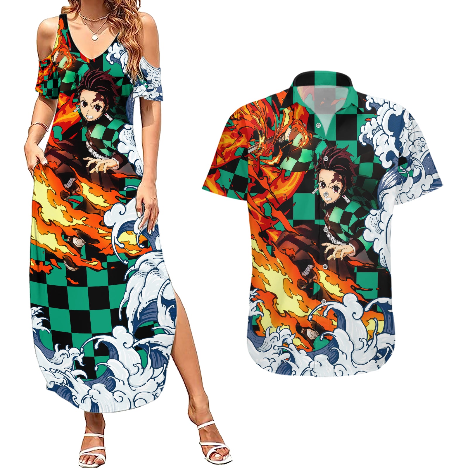 Tanjiro - Demon Slayer Couples Matching Summer Maxi Dress and Hawaiian Shirt Anime Mix Japan Pattern Style