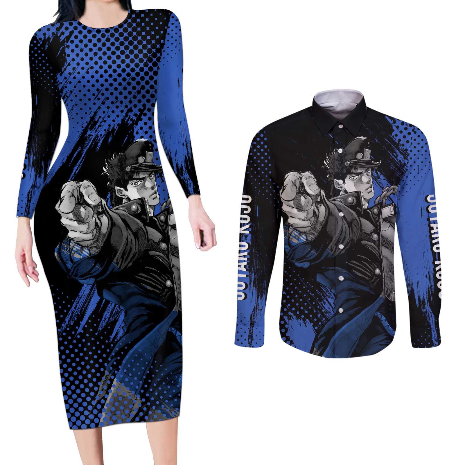 Jotaro Kujo - JoJo's Bizarre Adventure Couples Matching Long Sleeve Bodycon Dress and Long Sleeve Button Shirt Anime Style