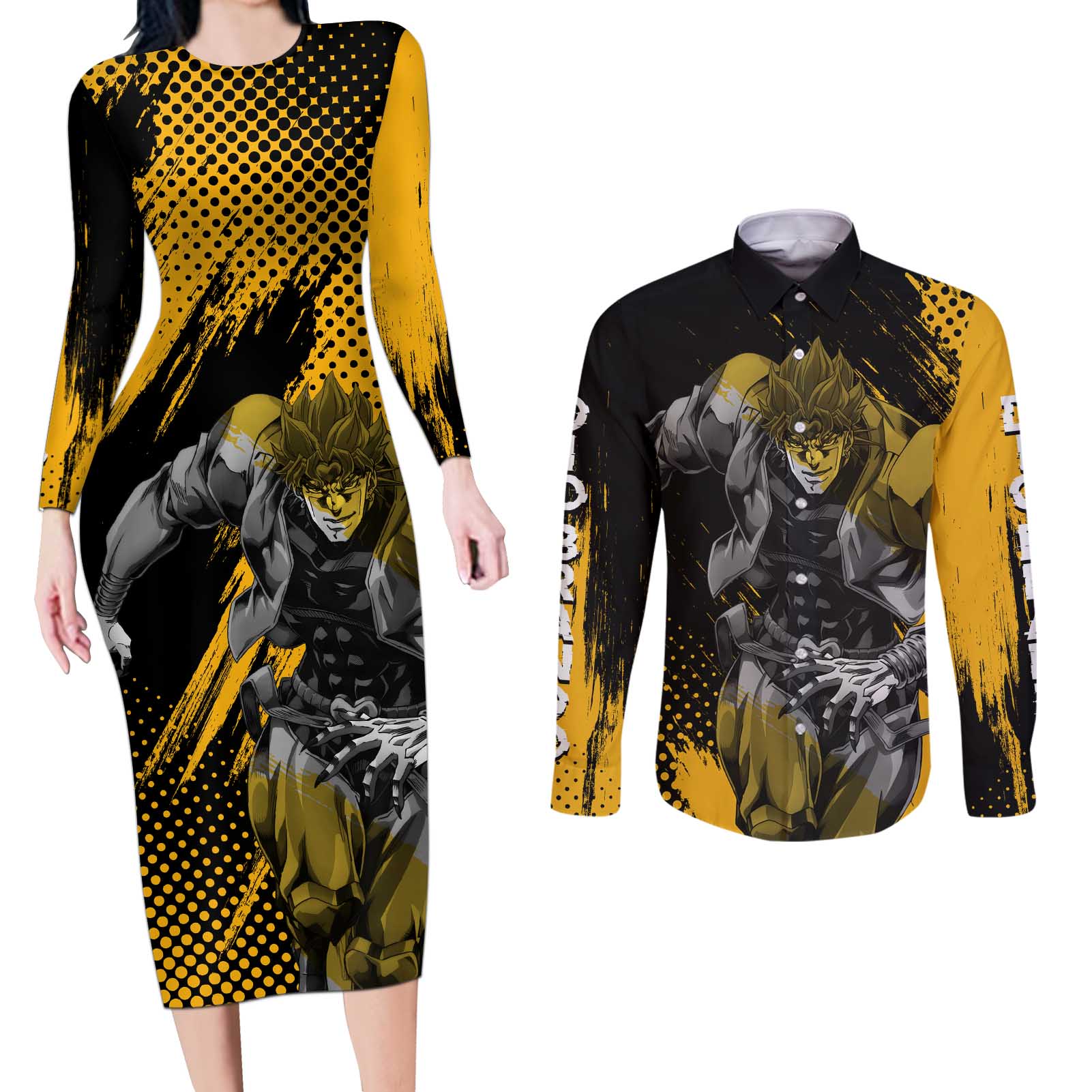 Dio Brando - JoJo's Bizarre Adventure Couples Matching Long Sleeve Bodycon Dress and Long Sleeve Button Shirt Anime Mix Manga Style