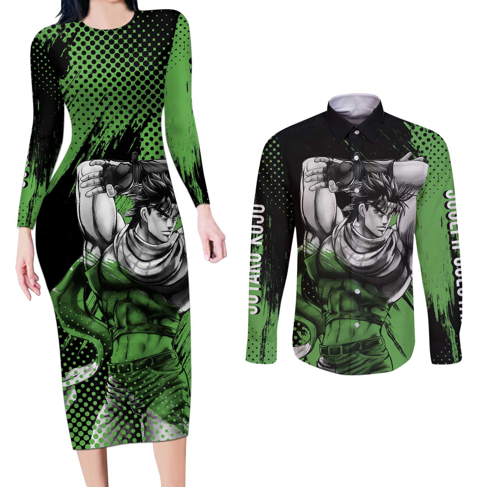 Joseph Joestar - JoJo's Bizarre Adventure Couples Matching Long Sleeve Bodycon Dress and Long Sleeve Button Shirt Anime Style