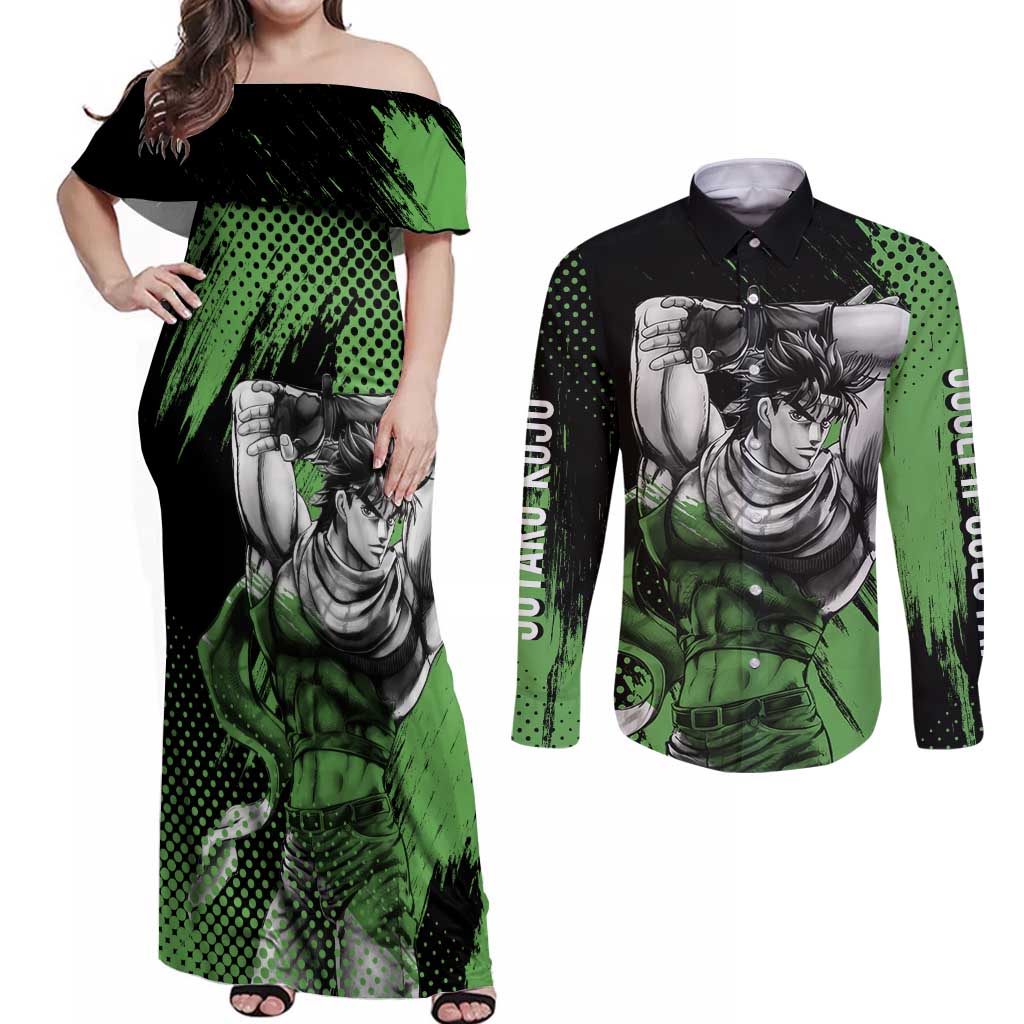 Joseph Joestar - JoJo's Bizarre Adventure Couples Matching Off Shoulder Maxi Dress and Long Sleeve Button Shirt Anime Style