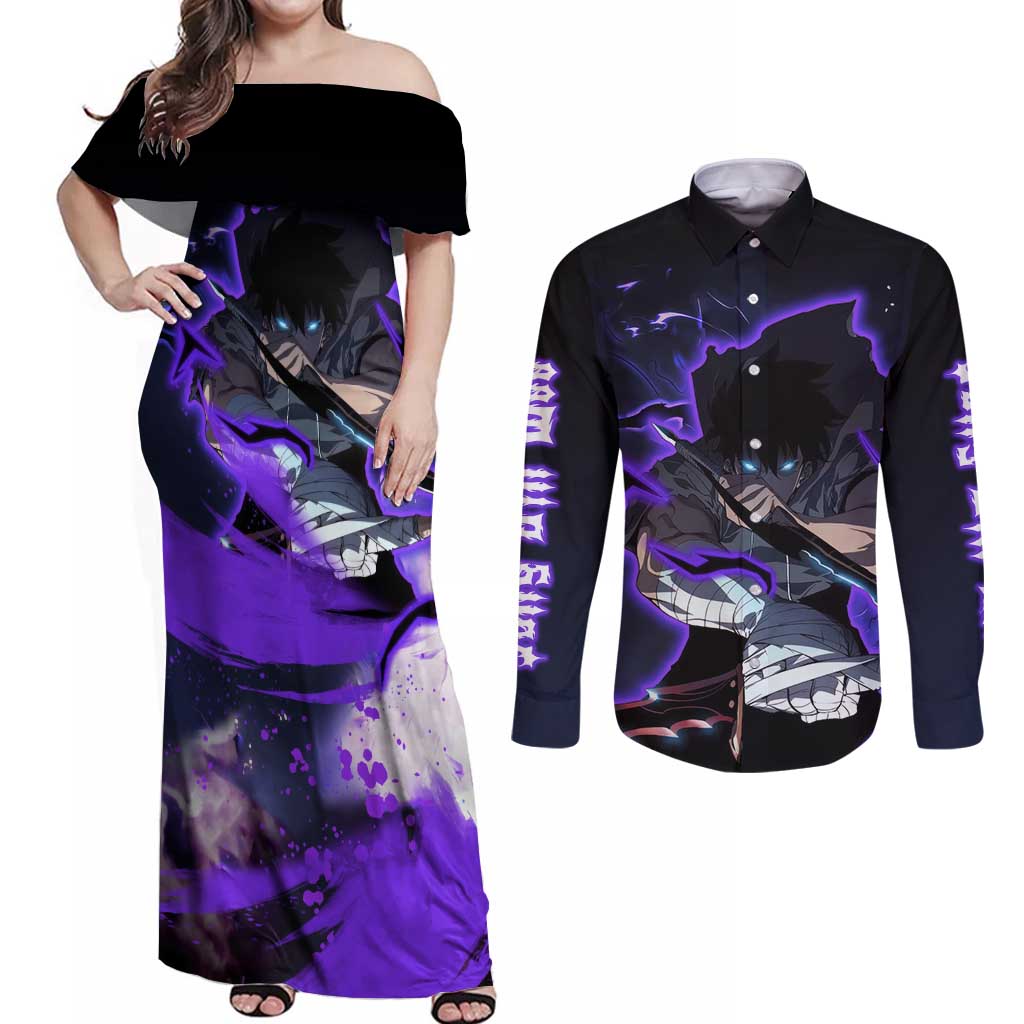 Sung Jin Woo - - Solo Leveling Couples Matching Off Shoulder Maxi Dress and Long Sleeve Button Shirt Anime Style