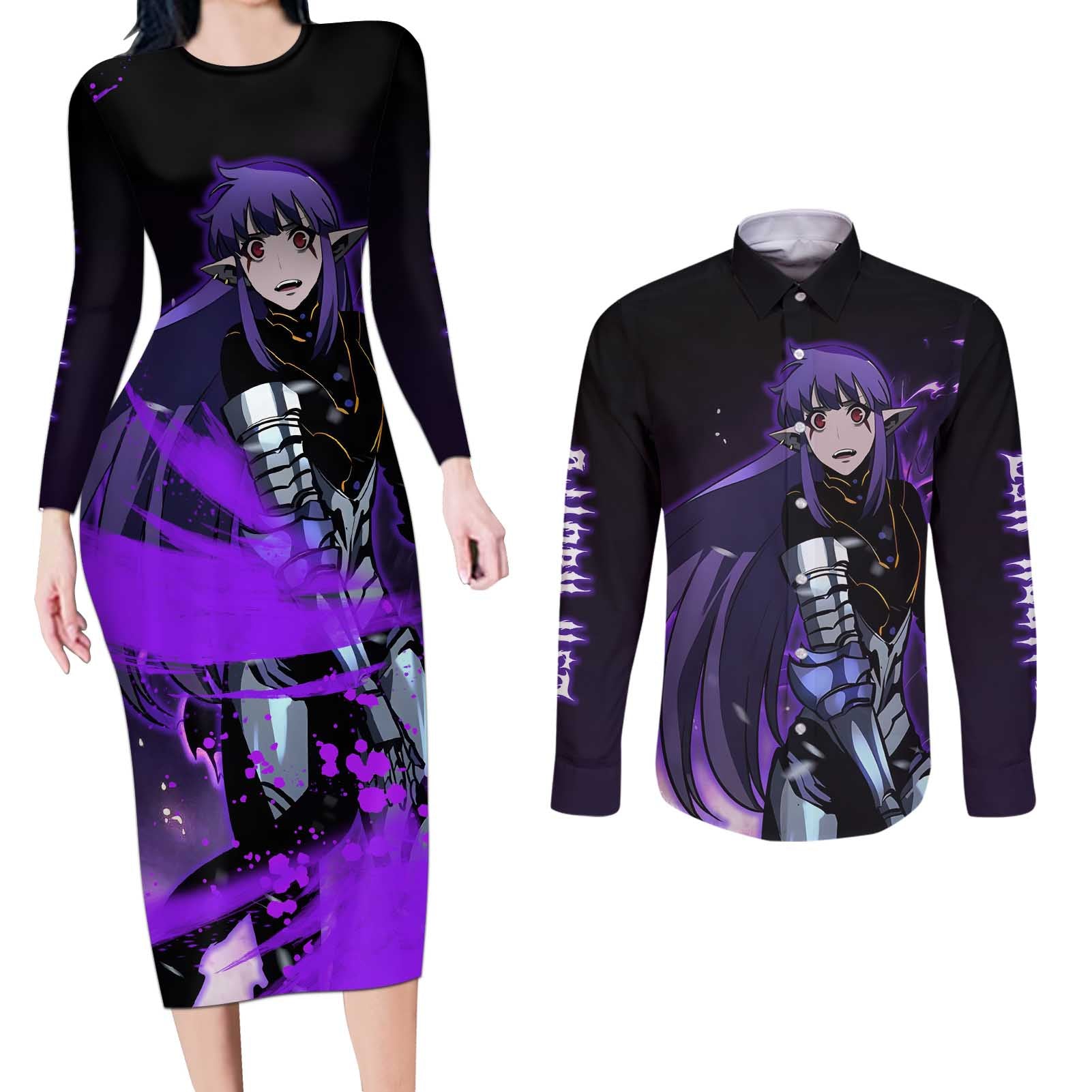 Esil Radiru - Solo Leveling Couples Matching Long Sleeve Bodycon Dress and Long Sleeve Button Shirt Anime Style