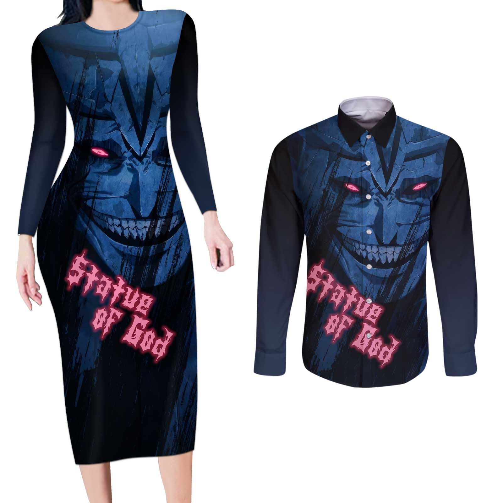 Statue of God - Solo Leveling Couples Matching Long Sleeve Bodycon Dress and Long Sleeve Button Shirt Anime Style