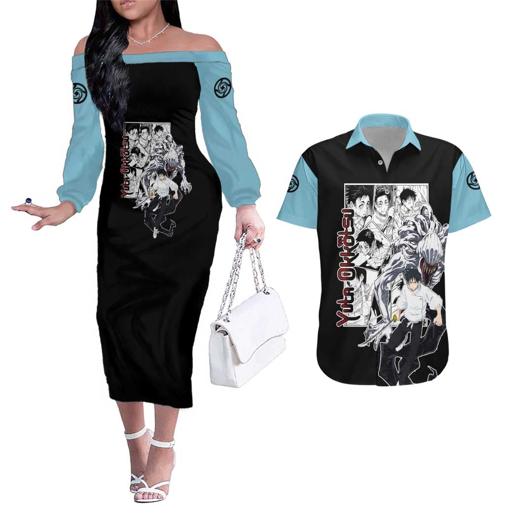 Yuta Okkotsu - Jujusu Kaisen Couples Matching Off The Shoulder Long Sleeve Dress and Hawaiian Shirt Anime Mix Manga Style